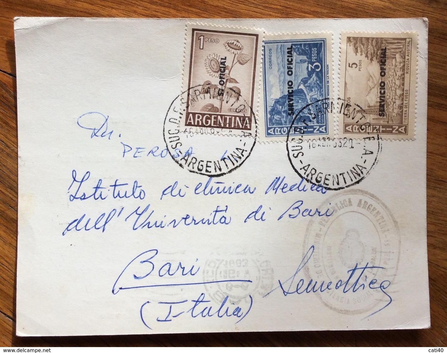 ARGENTINA POST CARD CON 1+3+5 SERVICIO OFICIAL FROM SUCC.D.F.SARMIENTO TO BARI ITALY  THE 16/8/53 - Buenos Aires (1858-1864)
