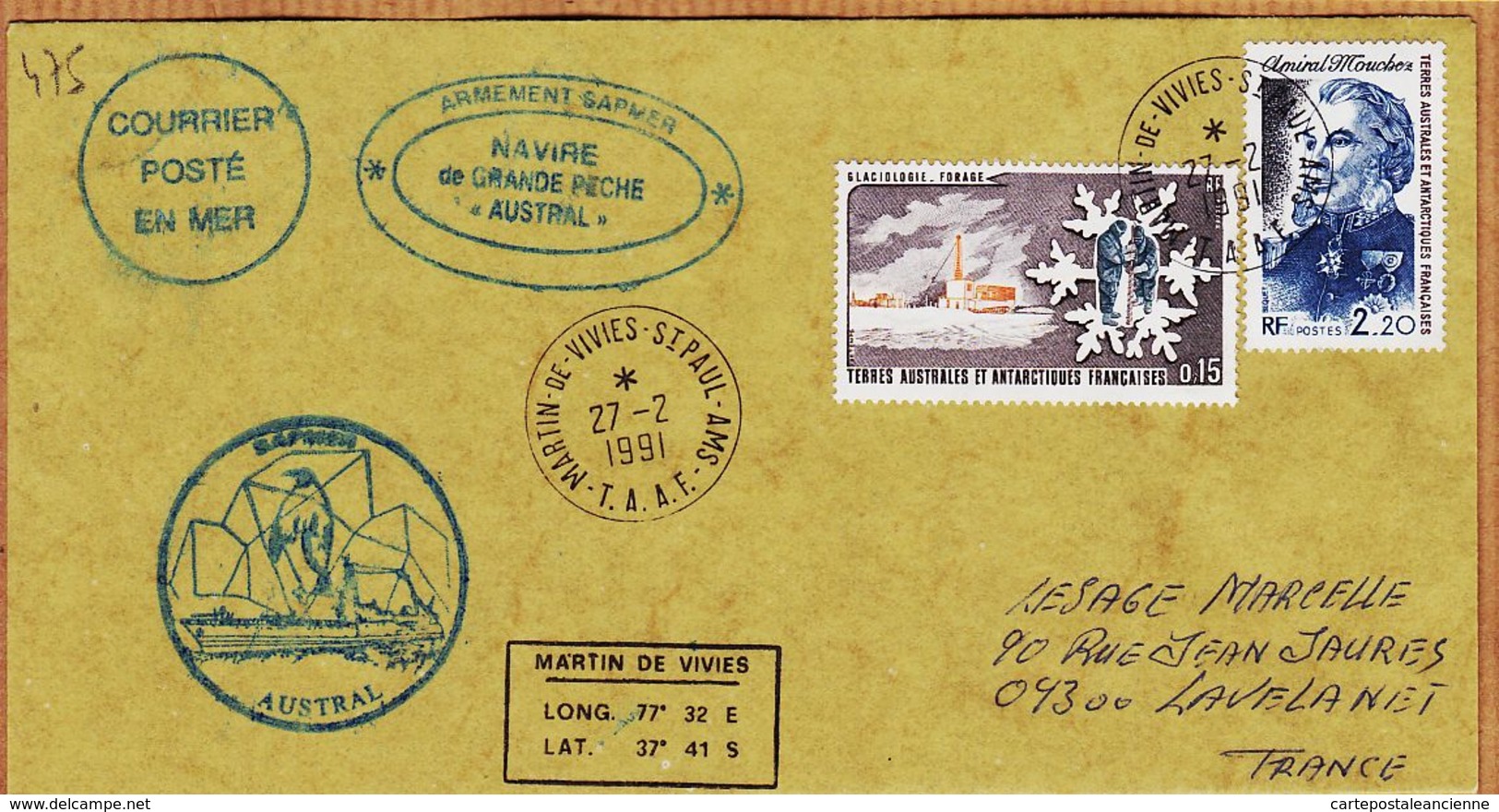 M152 TAAF Armement SAPMER Navire Grande Pêche AUSTRAL Courrier Posté En Mer 1991 MARTIN-VIVIES St-PAUL - Covers & Documents