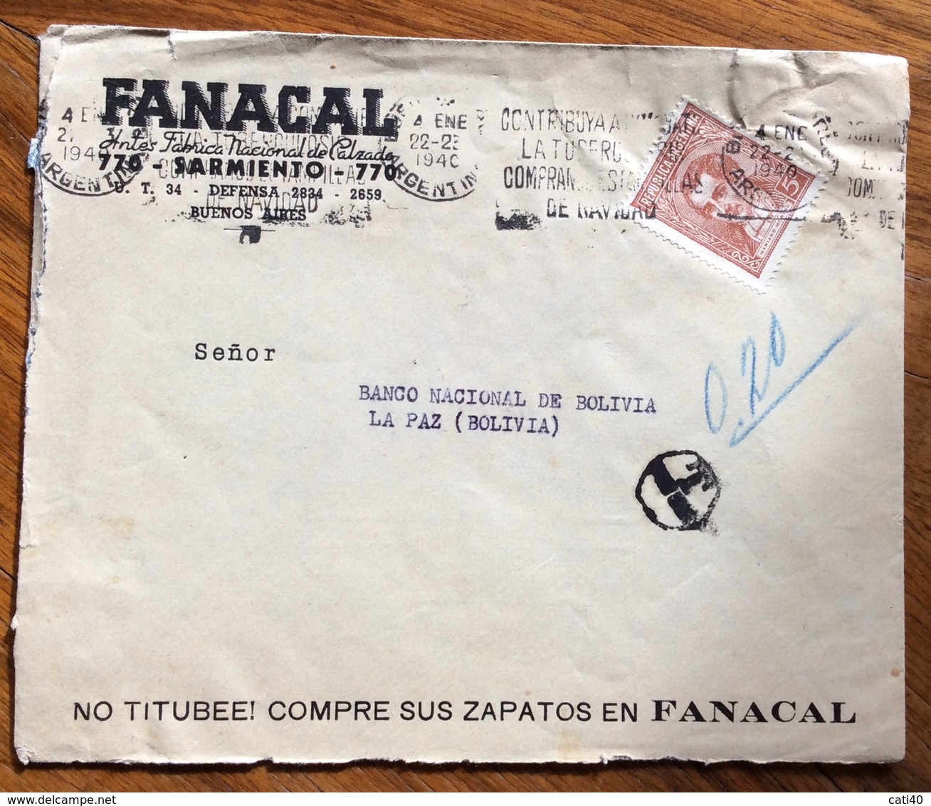 ARGENTINA ENVELOPE  FANACAL SARMIENTO  TO LA PAZ BANCO NACIONAL DE BOLIVIA  TASSATA 20 C. - Buenos Aires (1858-1864)