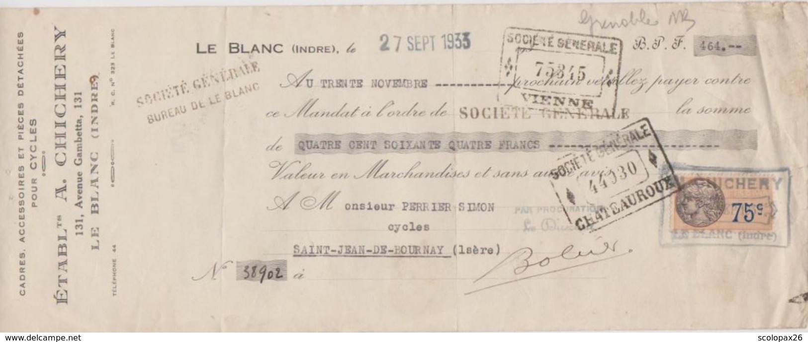 Mandat Cycles Chichery Le Blanc Indre  Pour  St Jean De Bournay (Isère)  1933 - Lettres De Change