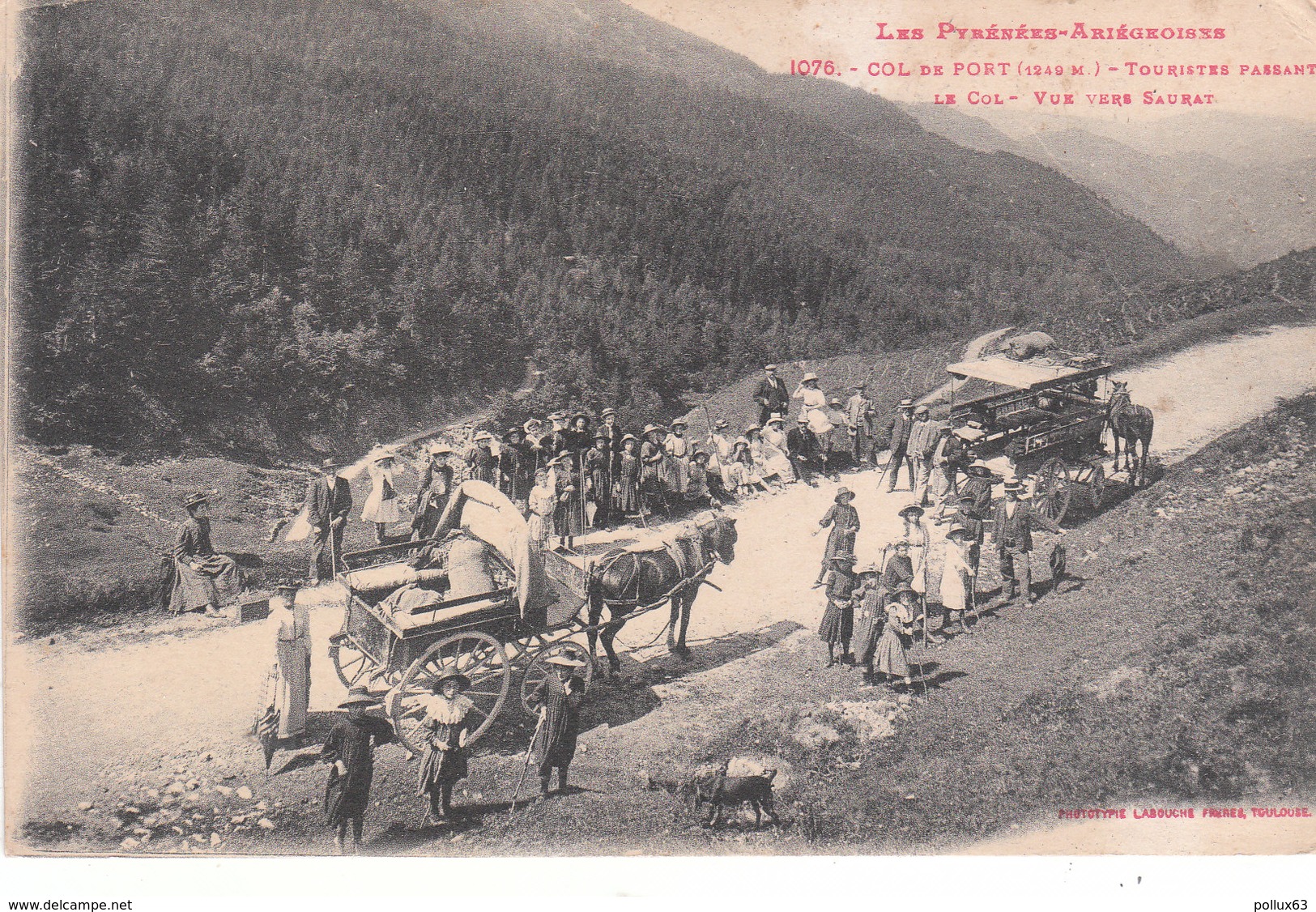 CPA COL DE PORT (09) TOURISTES PASSANT LE COL - VUE VERS SAURAT - BELLE ANIMATION - ATTELAGES - Autres & Non Classés