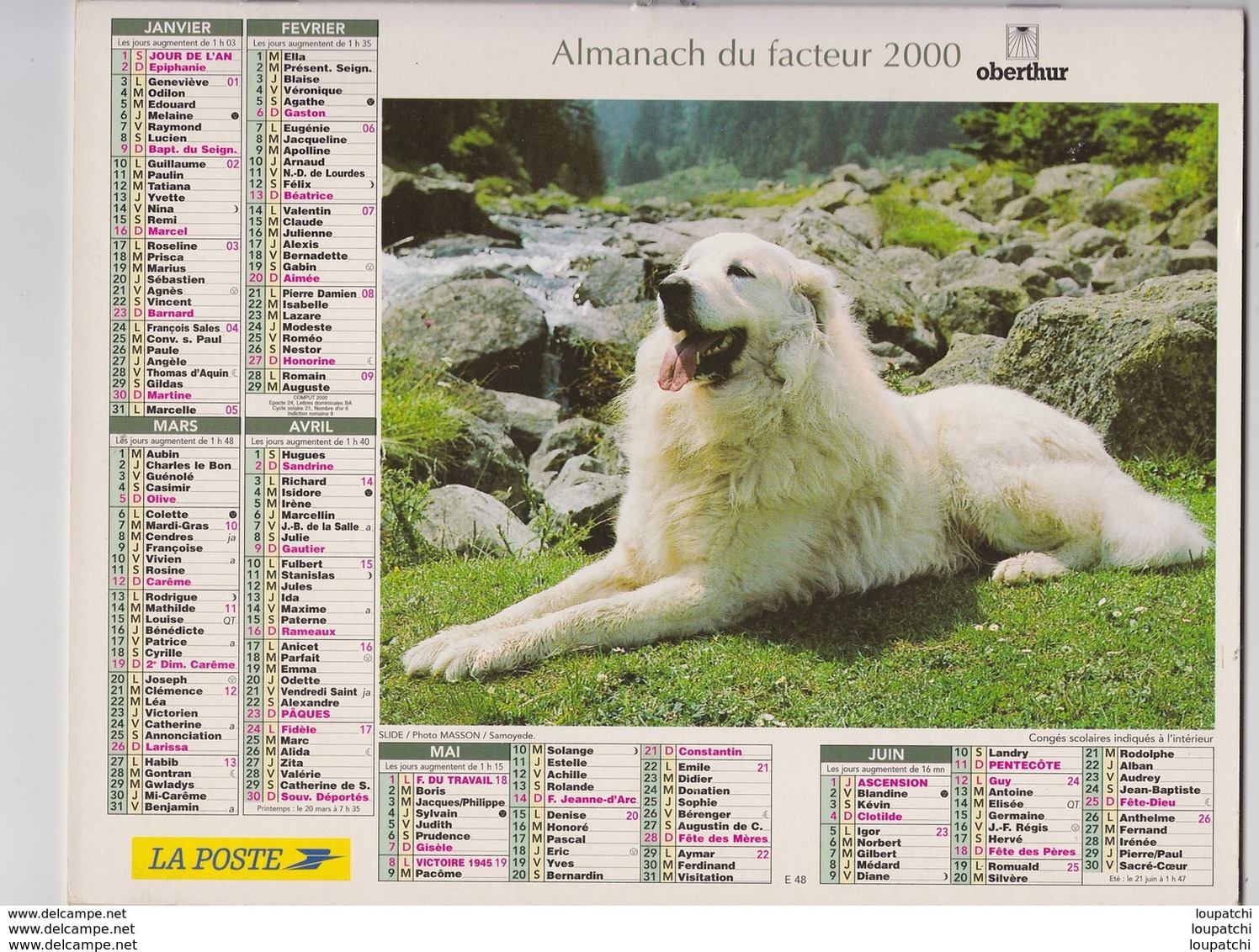 CALENDRIER ALMANACH DES PTT 2000 CHIEN DES PYRENEES JUMENT ET SON POULAIN - Grand Format : 1991-00