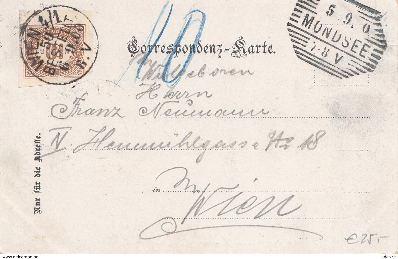 MONDSEE (OÖ), Karte Gel. 1900, Mit 10 Gro Nachporto Frankiert - Mondsee