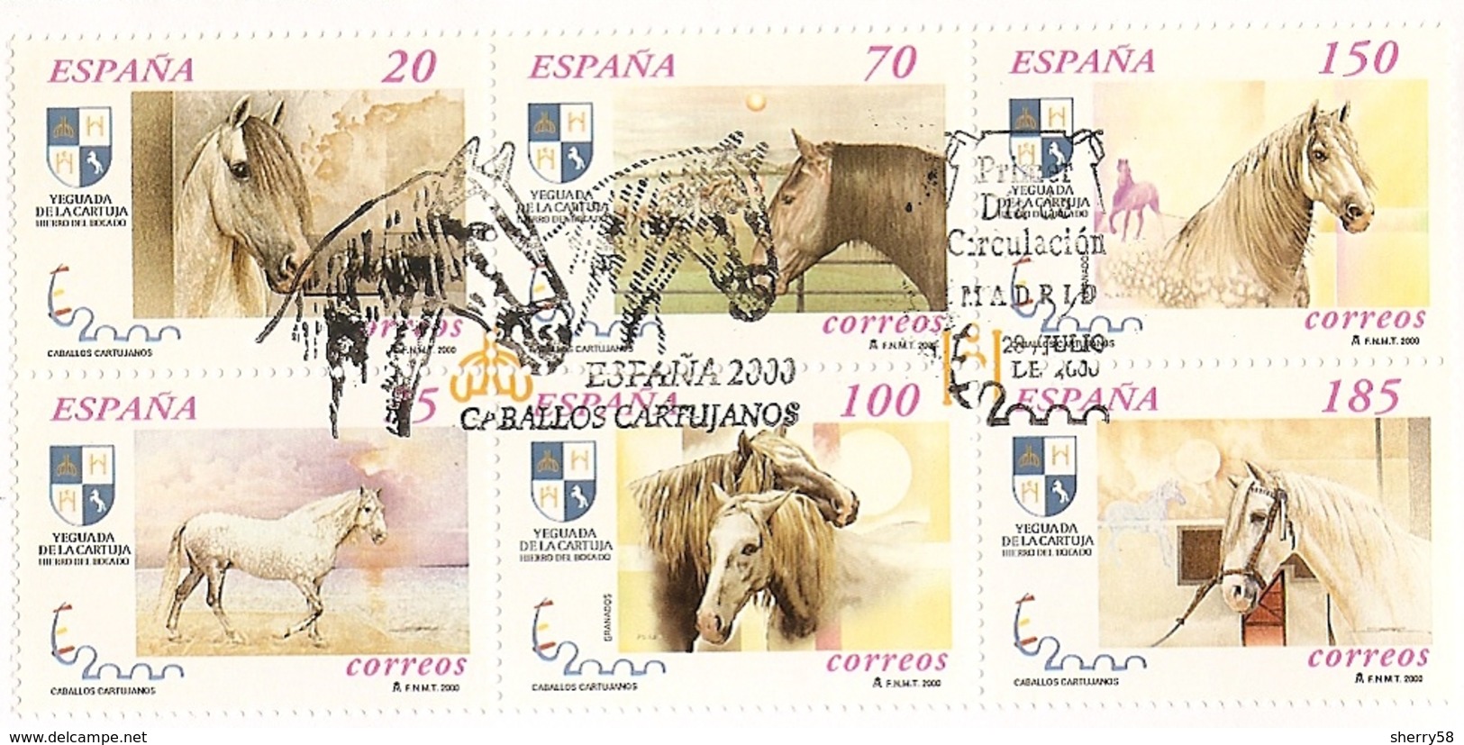 2000-ED. 3723 A 3728 BLOQUE -CABALLOS CARTUJANOS ESPAÑA 2000-MAT. 1er. DIA - Blocks & Kleinbögen