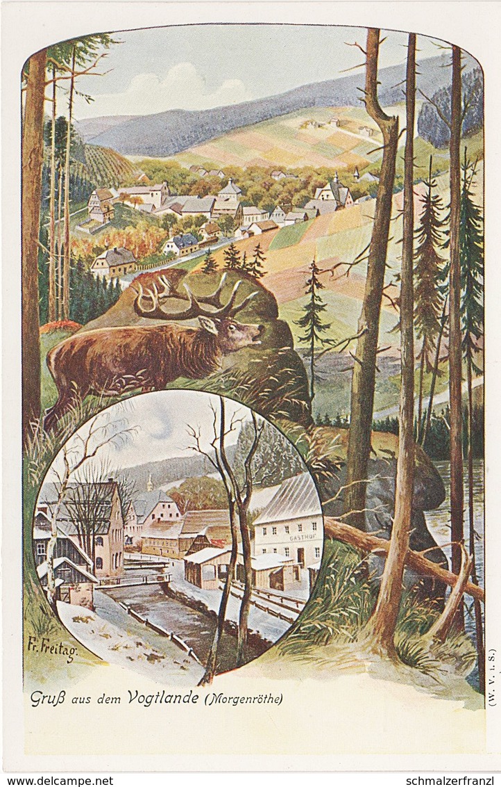 Litho AK Gruß Vogtland Gasthof A Tannenbergsthal Muldenhammer Grünbach Gottesberg Morgenröthe Rautenkranz Klingenthal - Klingenthal