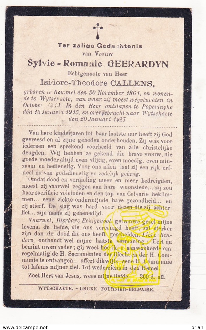 DP Oorlogsvluchtelinge WO I 14-18 Sylvie R. Geerardyn ° Kemmel 1864 † Poperinge 1915 X I. Callens / Begr Wijtschate 1927 - Images Religieuses