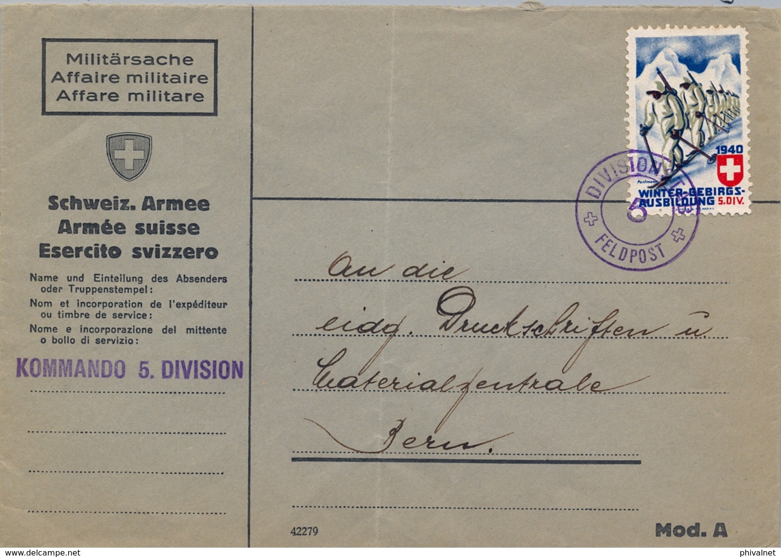 1940 SUIZA  , FELDPOST - CORREO Y VIÑETA MILITAR , DIVISION STAB / 5 / FELDPOST , CAZADORES DE MONTAÑA , SKI - Documents