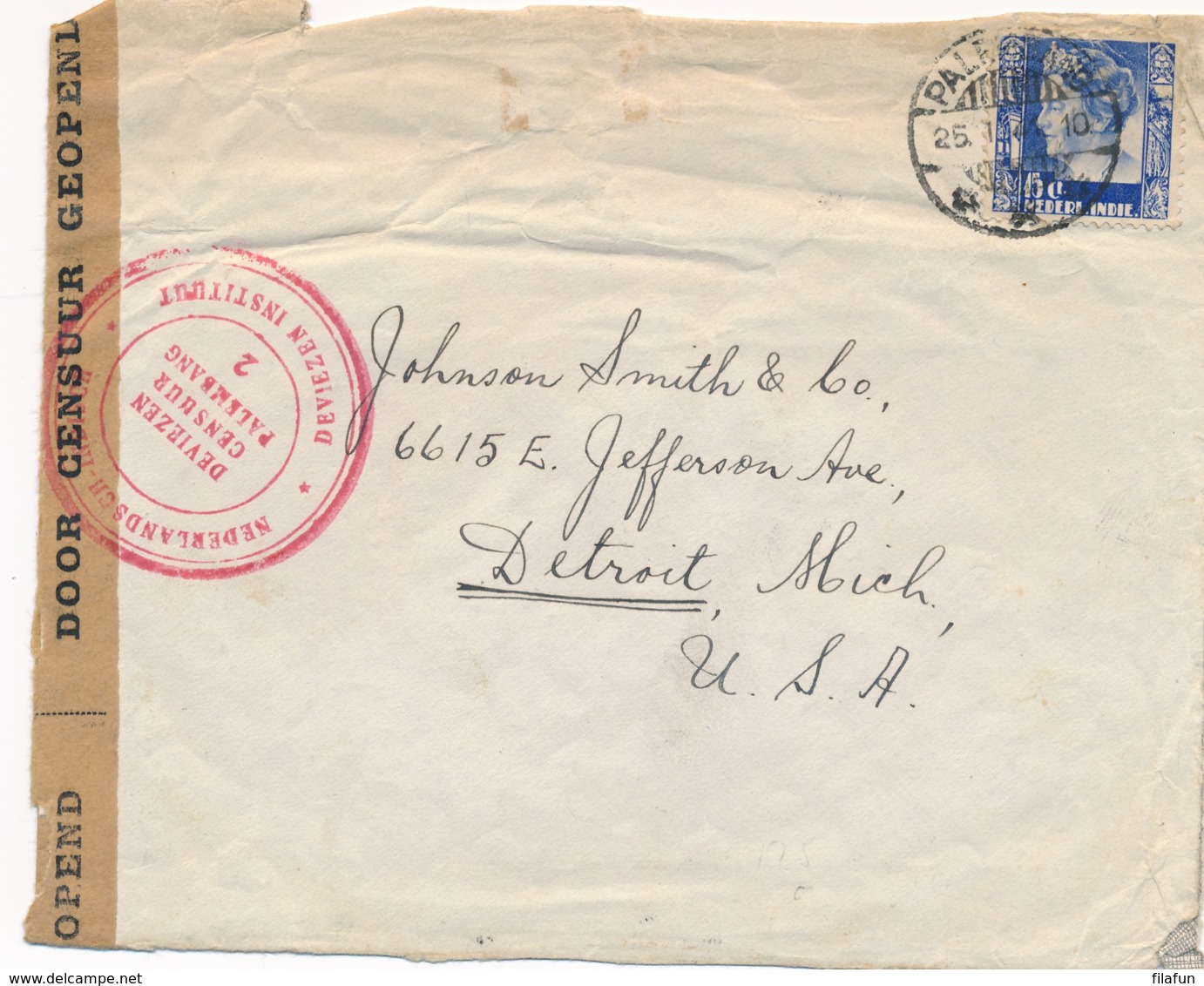 Nederlands Indië - 1941 - 15 Cent Wilhelmina Op Cover Met DEVIEZENCENSUUR PALEMBANG/2 Naar Detroit / USA - Nederlands-Indië