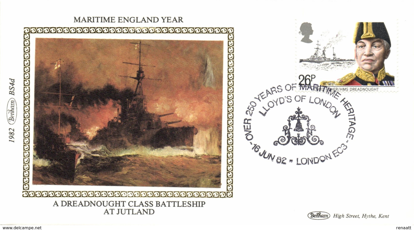 UK 1982 Mi. 921 FDC Silk, Maritime England, Lord John Arbuthnot Fisher, Ship Dreadnought, Jutland - Ships