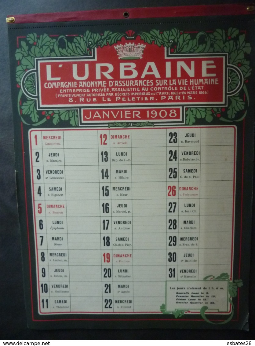 ALMANACH  CALENDRIER  1908 EFFEUILLER L'URBAINE ,Compagnie Anonyme D'Assurances Sur La Vie Humaine- 12 Feuillets  S 4 P - Grand Format : ...-1900