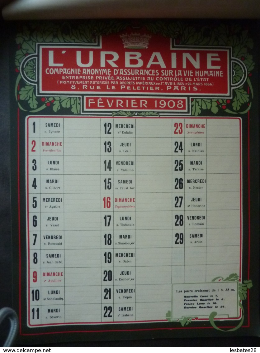 ALMANACH  CALENDRIER  1908 EFFEUILLER L'URBAINE ,Compagnie Anonyme D'Assurances Sur La Vie Humaine- 12 Feuillets  S 4 P - Grand Format : ...-1900