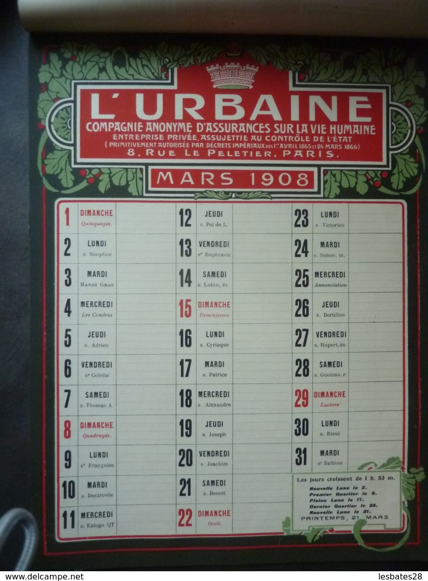 ALMANACH  CALENDRIER  1908 EFFEUILLER L'URBAINE ,Compagnie Anonyme D'Assurances Sur La Vie Humaine- 12 Feuillets  S 4 P - Groot Formaat: ...-1900