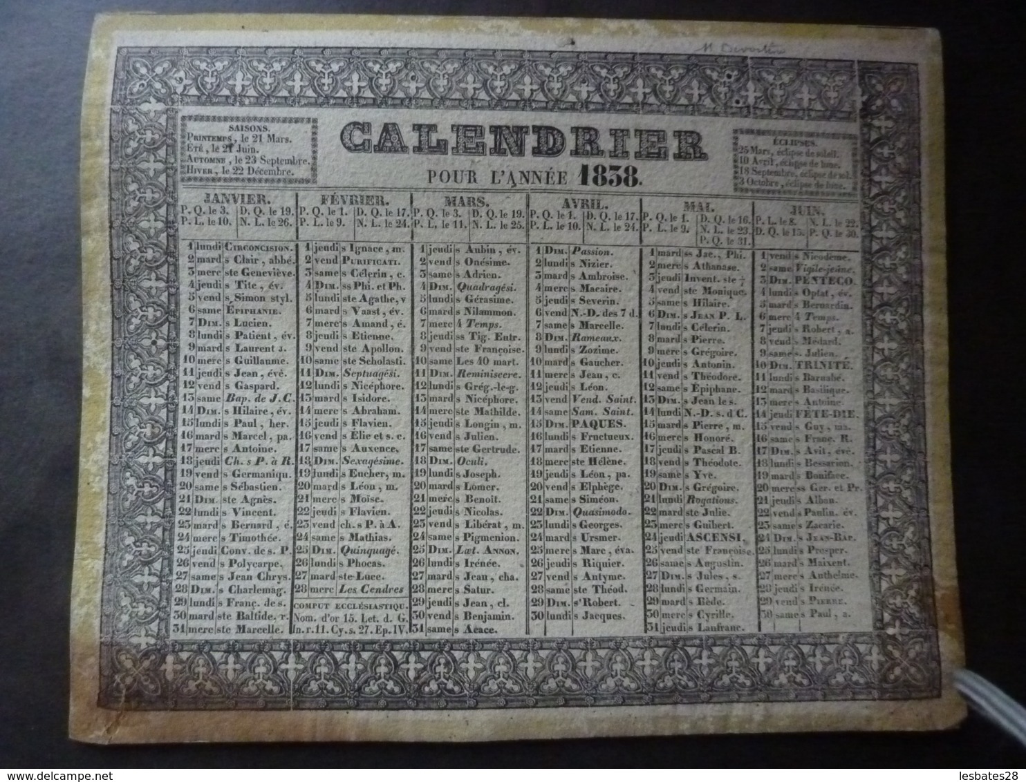 ALMANACH  CALENDRIER  1838- 2 SEMESTRIELS  RECTO-VERSEAU-ARABUESQUE  .Edit Lambert-Gentot à Lyon - Formato Grande : ...-1900