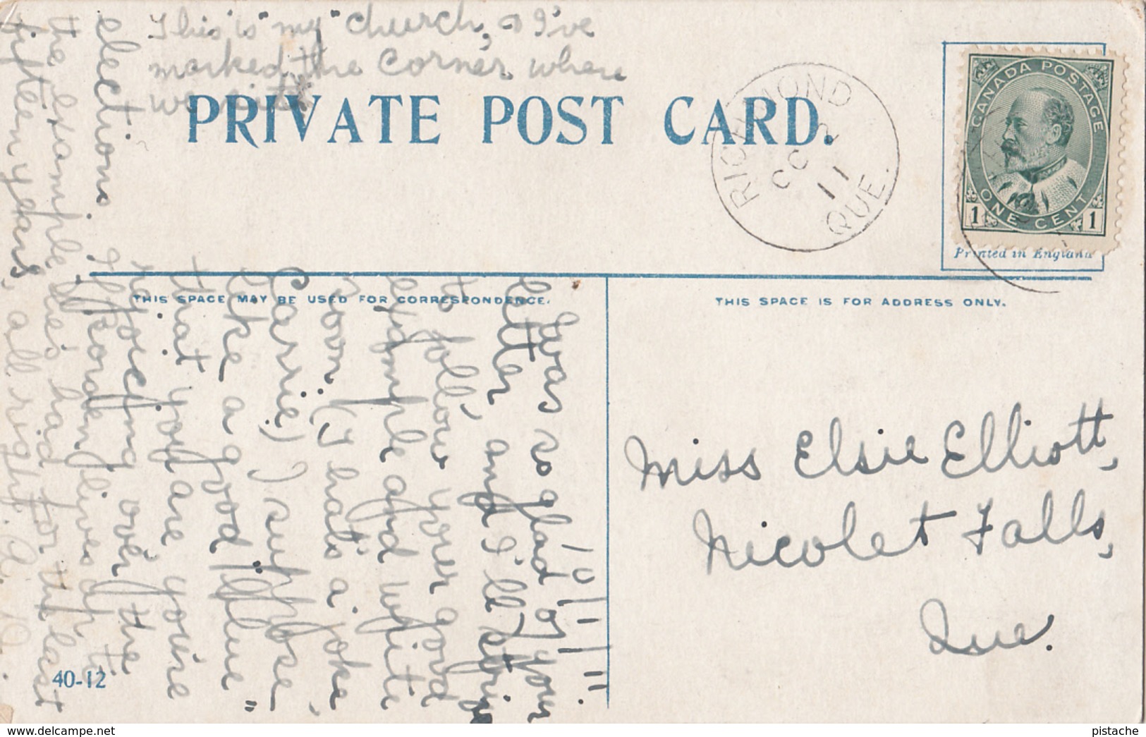 Vintage 1911 - Richmond Québec - Interior St. Ann's Anglican Church - Written Stamp Postmark - 2 Scans - Other & Unclassified