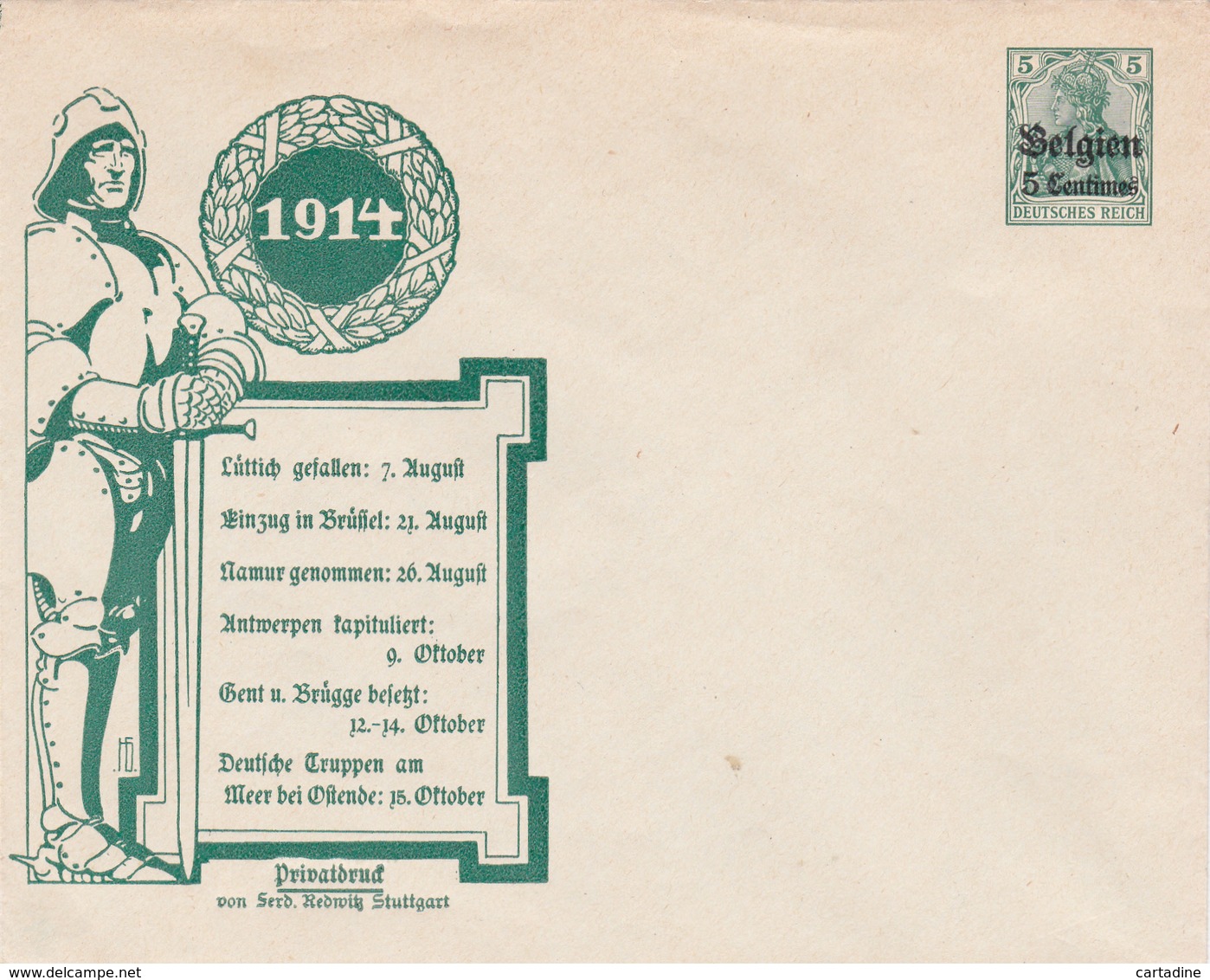 Entier Postal Enveloppe - Sous Occupation Allemande - 1914 - Belgiën 5 C.(vert) - Privatbrud Von Serd. Redmitz Stuttgart - Occupation Allemande