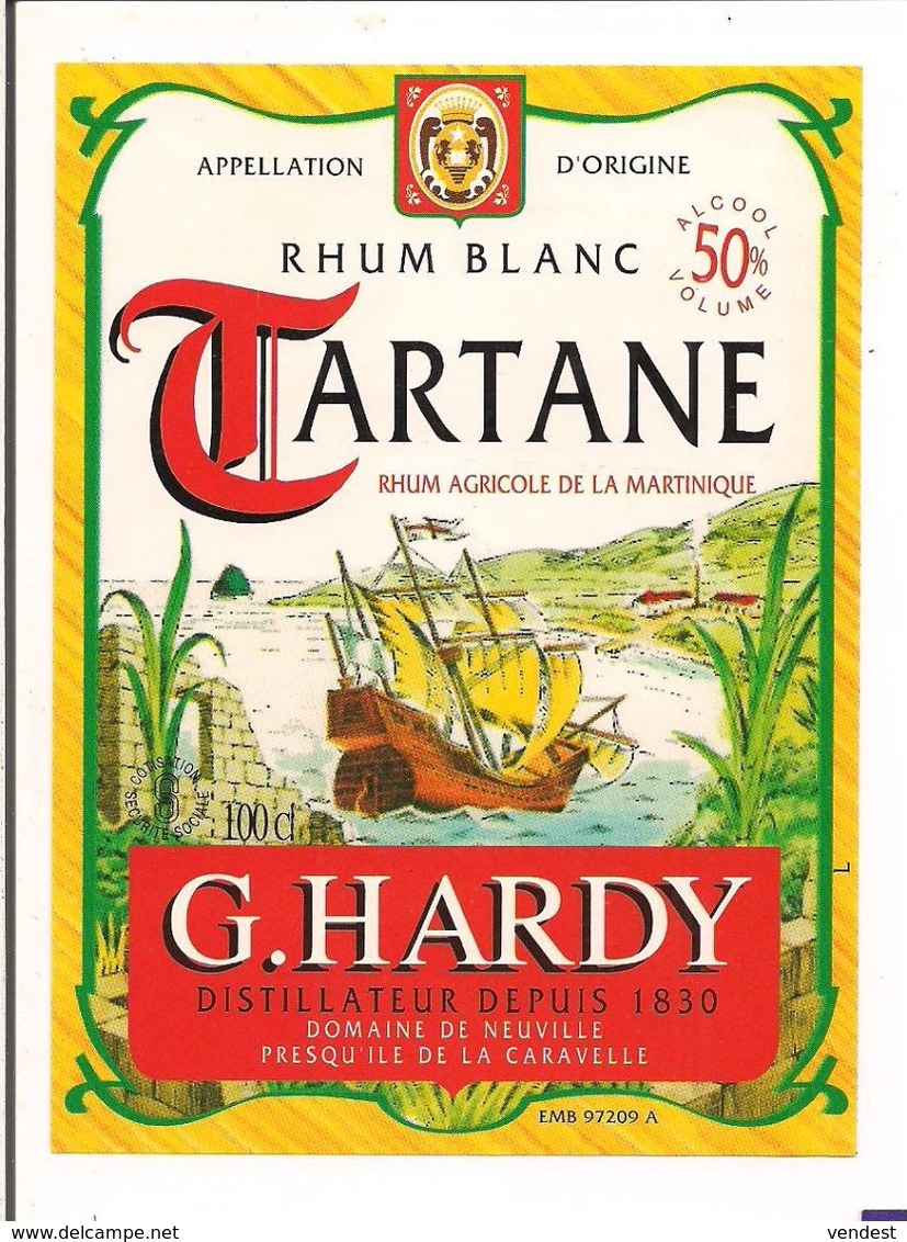 Etiquette  RHUM Blanc Tartane - 55% - G.Hardy, Domaine De Neuville, Pesqu'ile De La Caravelle - MARTINIQUE - - Rhum
