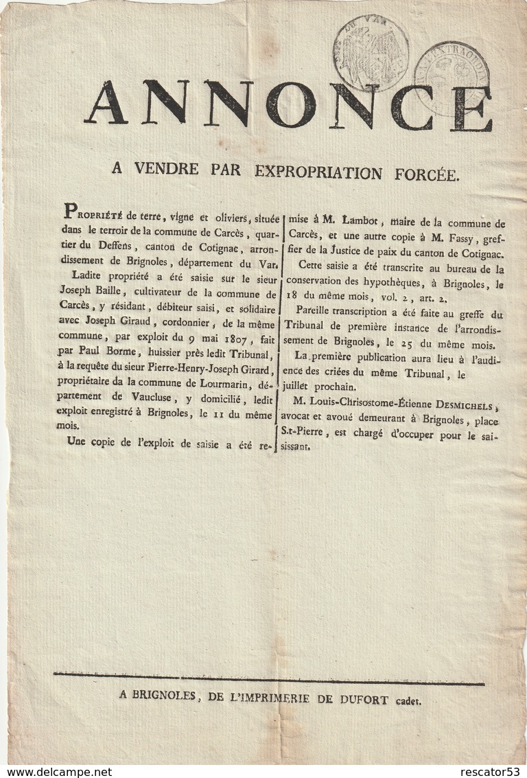 Très Rare Affichette Annonce Vente Pour Expropriation Forcée 9 Mai 1807 à Carcès - Collections