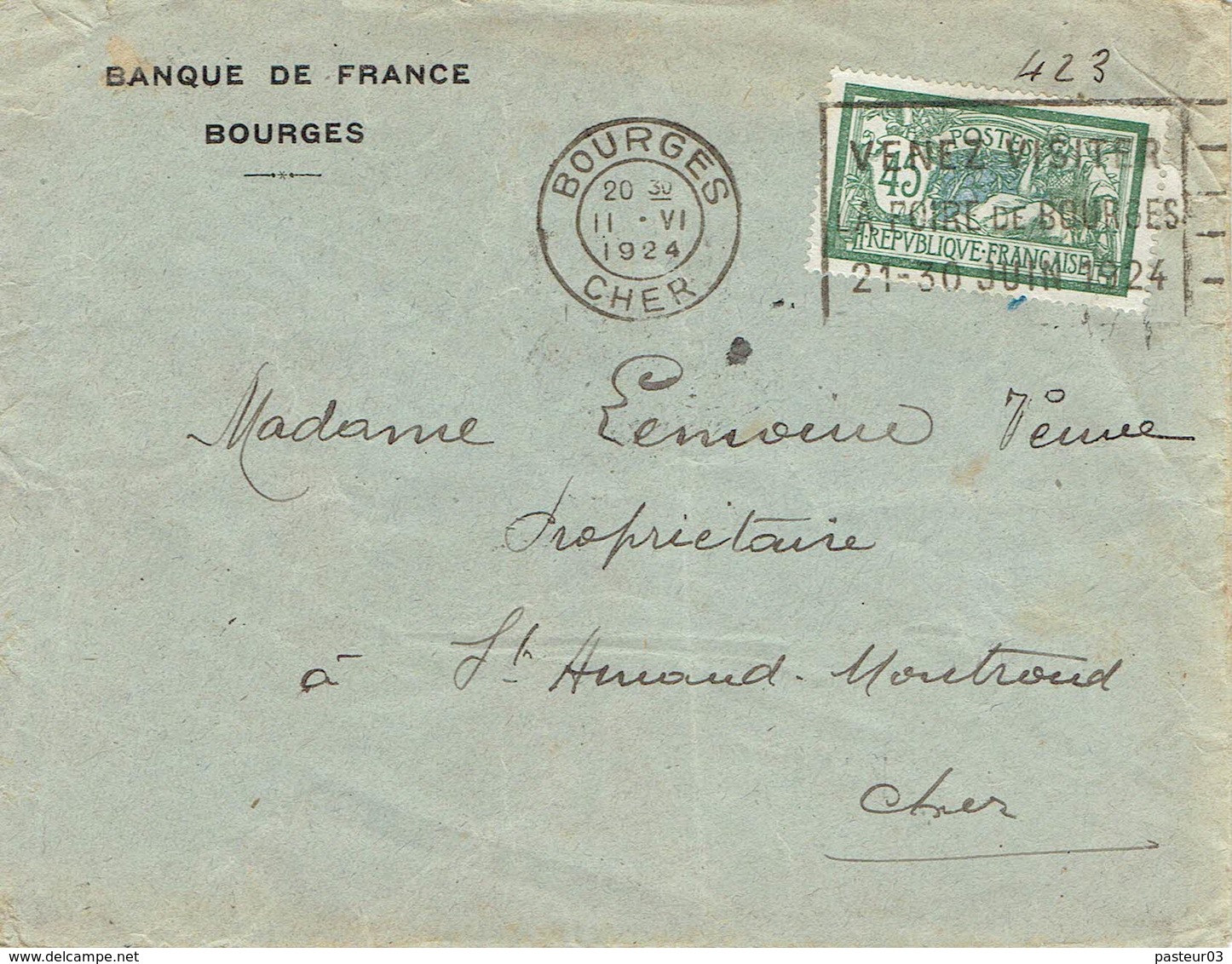 143 Mercon 45 C. Vert De Bourges 2-6-1924 - Lettres & Documents