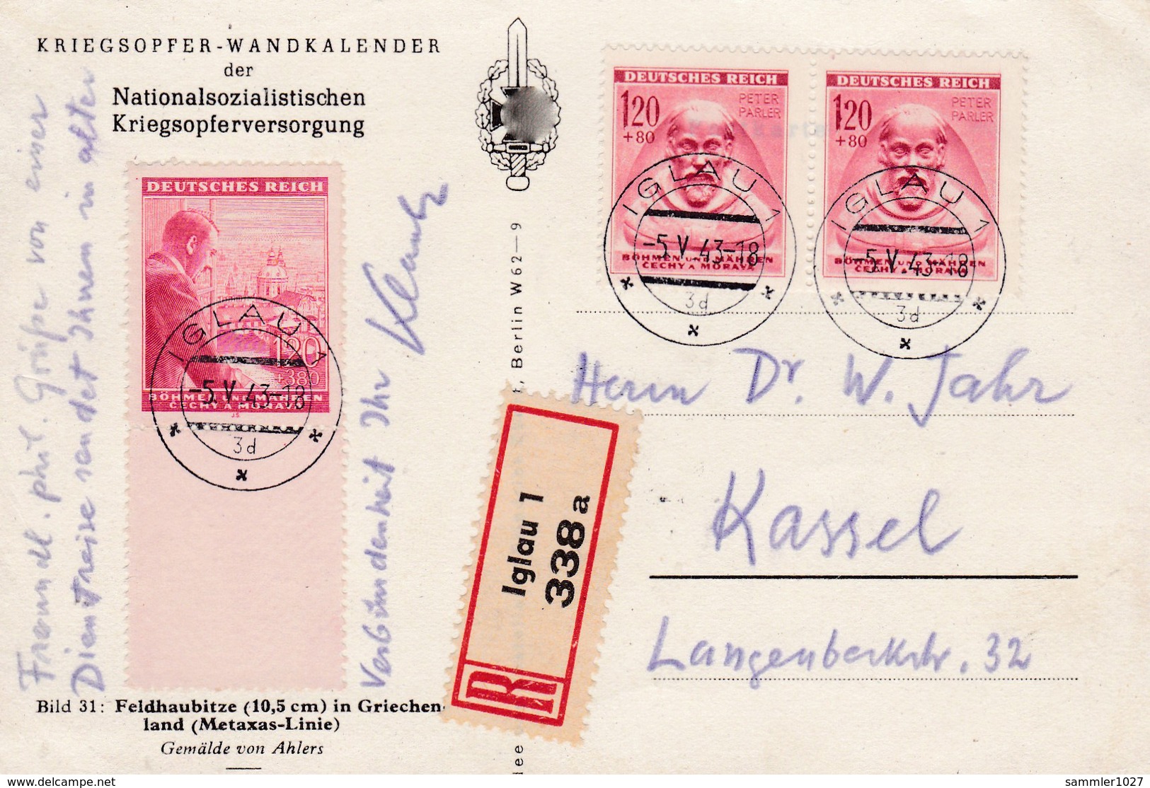 Böhmen Und Mähren Sammlerkarte Aus Iglau  1943 - Briefe U. Dokumente