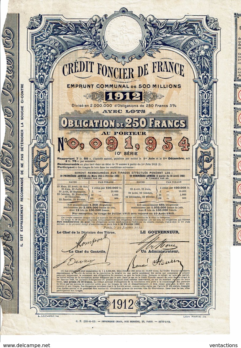 75-CREDIT FONCIER DE FRANCE. 1912. Oblig 250 F - Autres & Non Classés