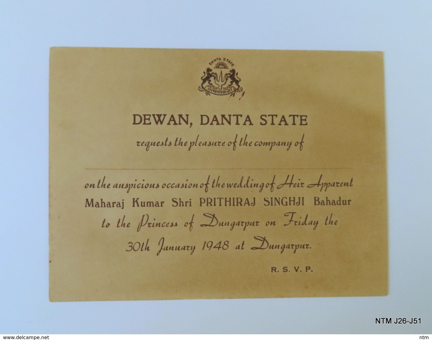 INDIA Year 1948. Rare Wedding Invitation Card By Dewan, Danta State - Boda