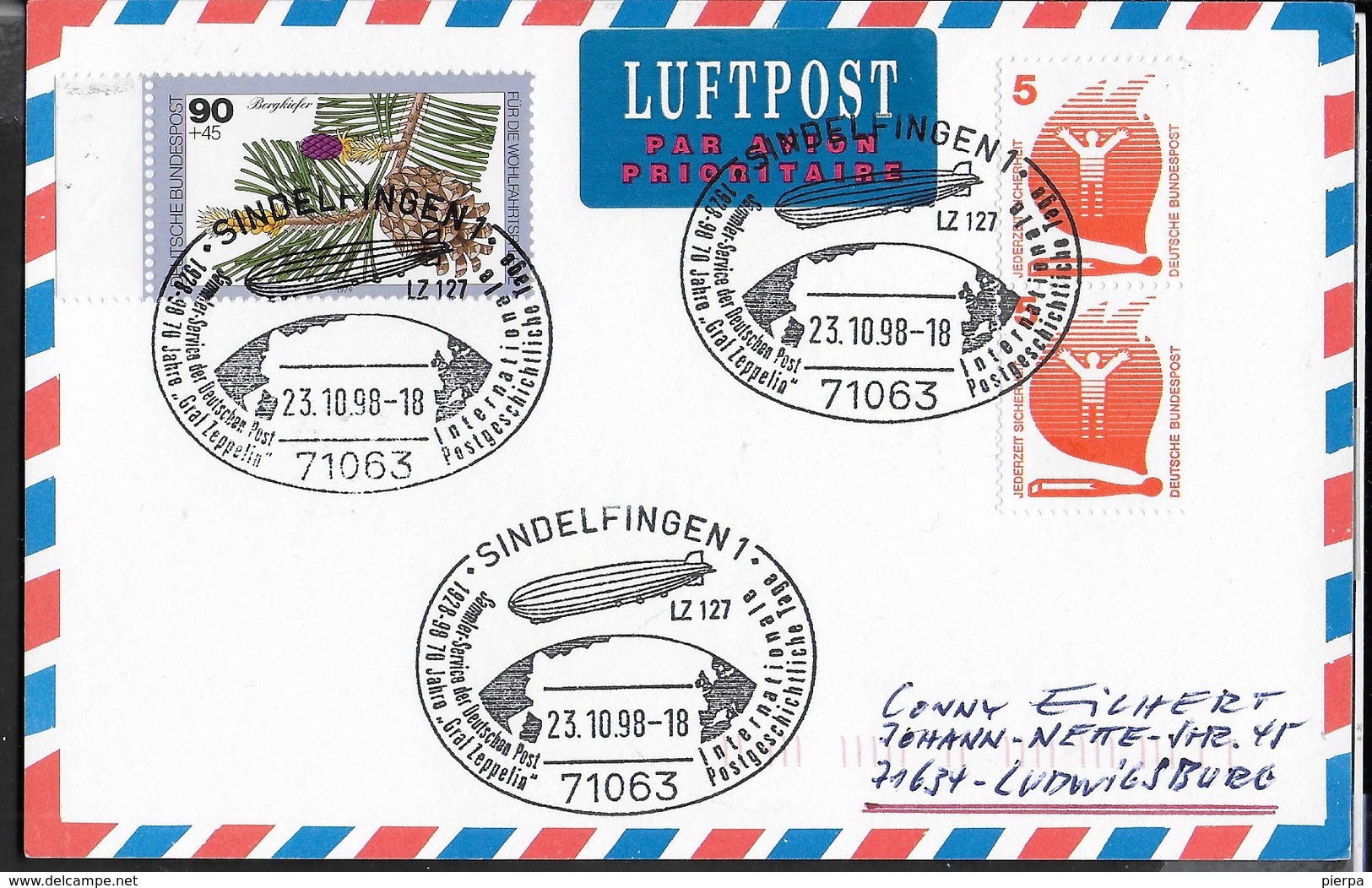 GERMANY - ANNULLO SPECIALE  SINDELFINGEN 1- LZ 127 1928/98 - 70° GRAF ZEPPELIN SU CARTOLINA  VIA AEREA 23.10.1998 - Storia Postale