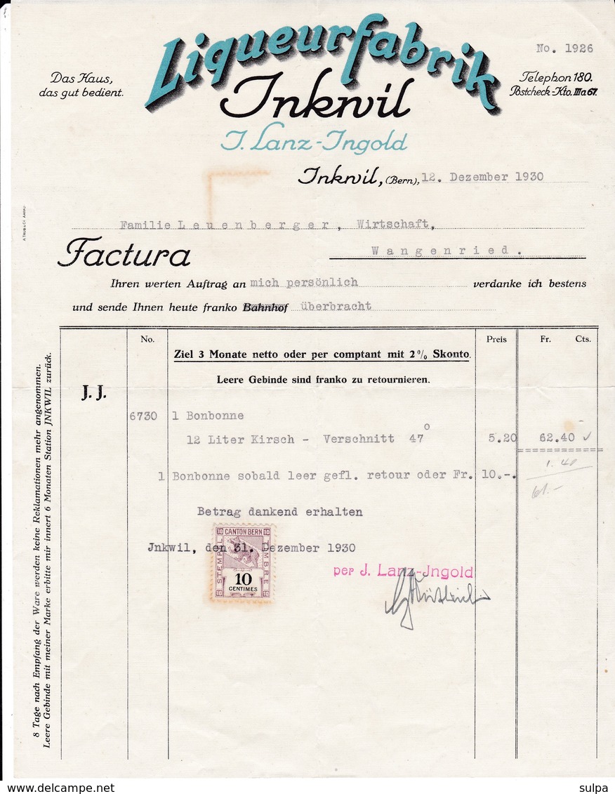 Rechnung Liqueurfabrik Inkwil, J. Lanz-Ingold, 1930, Mit Fiskalmarke - Suisse