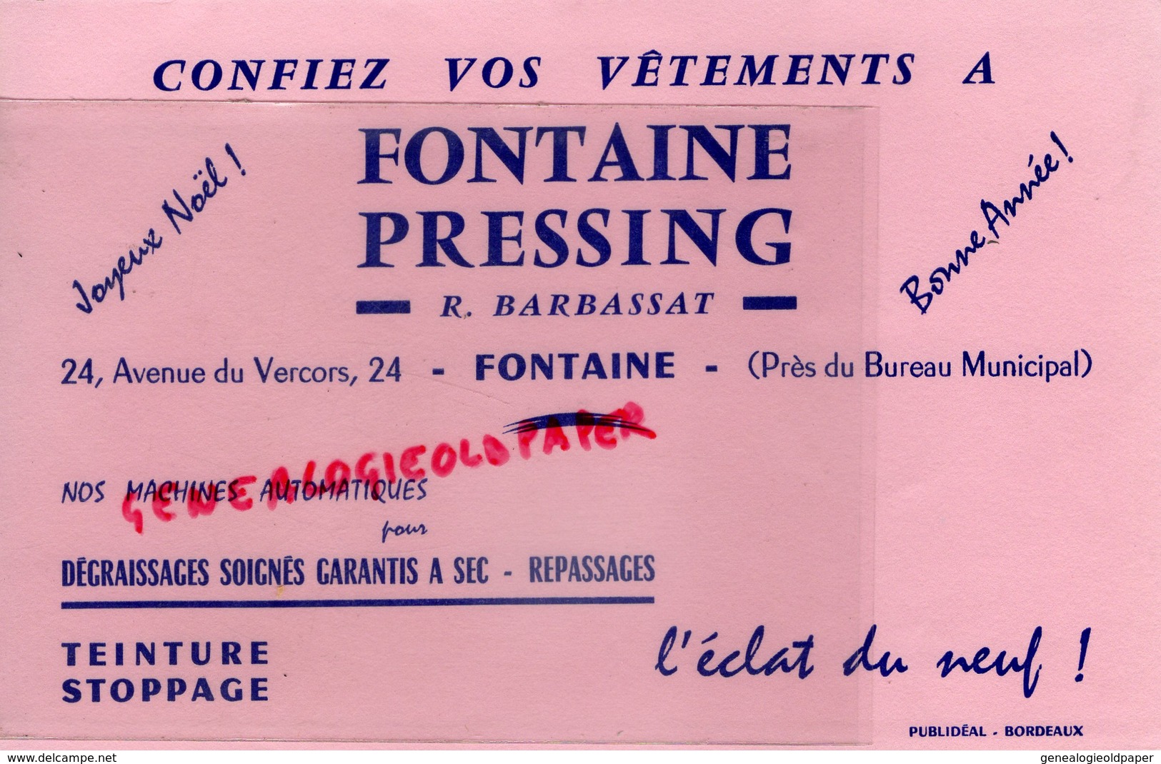 33- FONTAINE BORDEAUX- RARE BUVARD FONTAINE PRESSING- R. BARBASSAT-24 AVENUE DU VERCORS- TEINTURE - Vestiario & Tessile