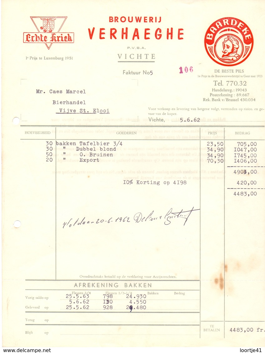 Factuur Facture - Brouwerij Brasserie Verhaeghe - Vichte 1962 - Ambachten