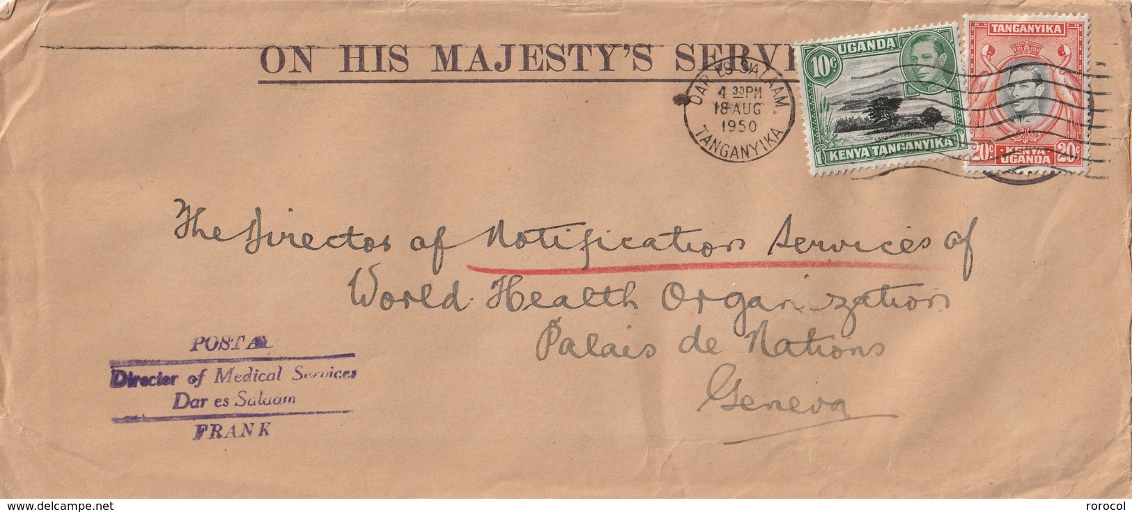 KENYA UGANDA TANGANYIKA Lettre 1950  Direcier Of Medical Services Pour La Suisse On His Majesty's Service - Kenya, Uganda & Tanganyika