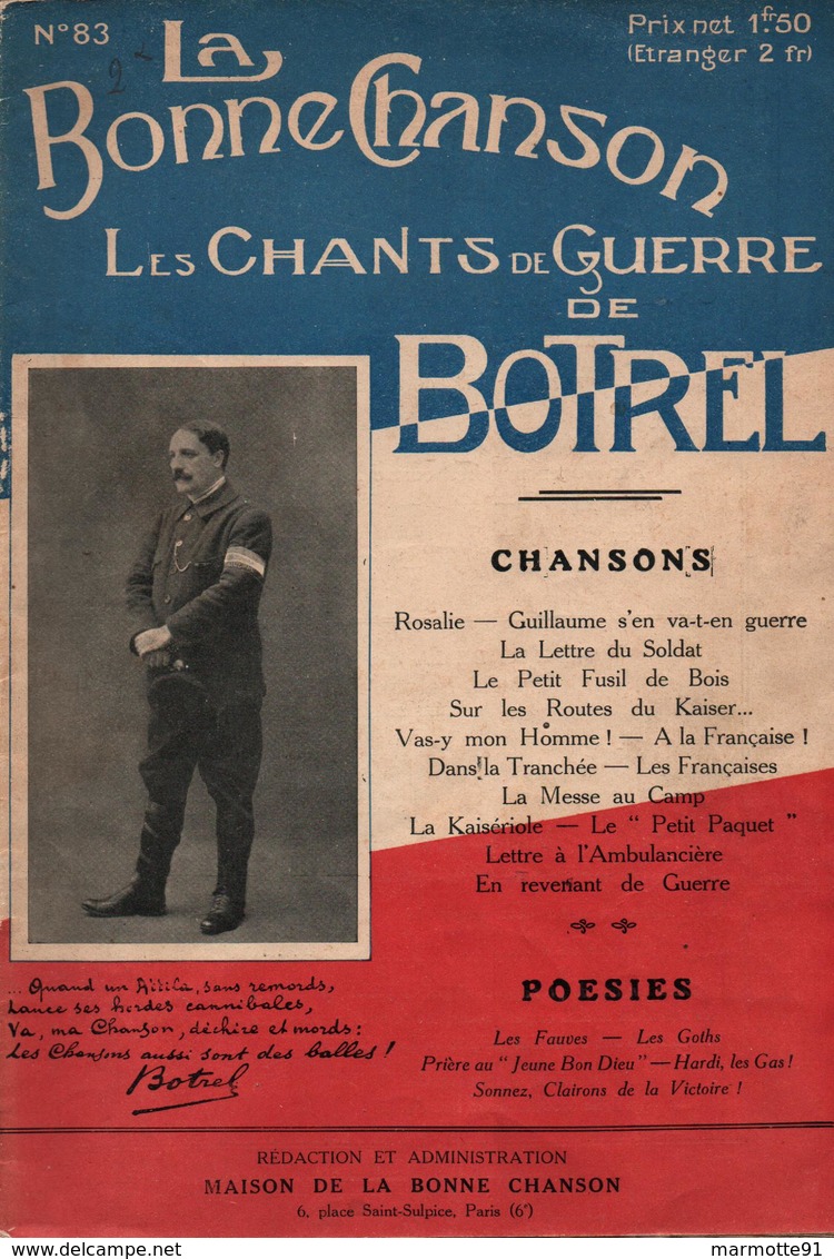 LA BONNE CHANSON  CHANTS DE GUERRE 1914 1918 DE BOTREL - Français