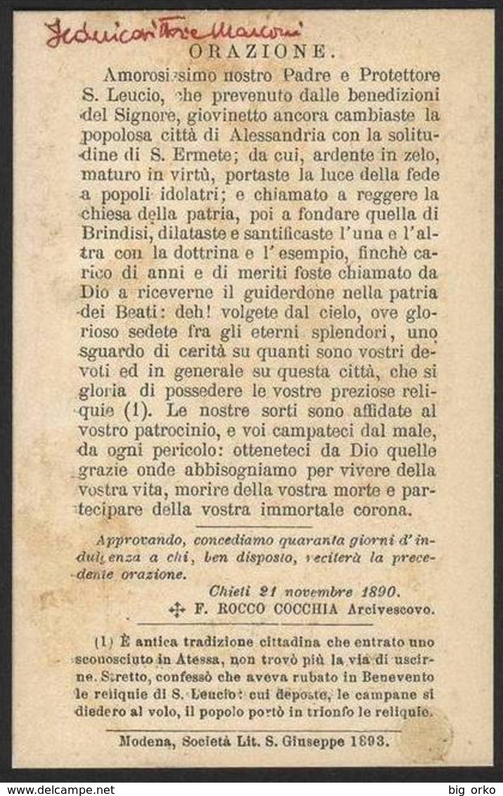 San Leucio / Primo Vescovo Di Brindisi - (Modena - Litografia S. Giuseppe - 1893) - "Riproduzione" - Images Religieuses