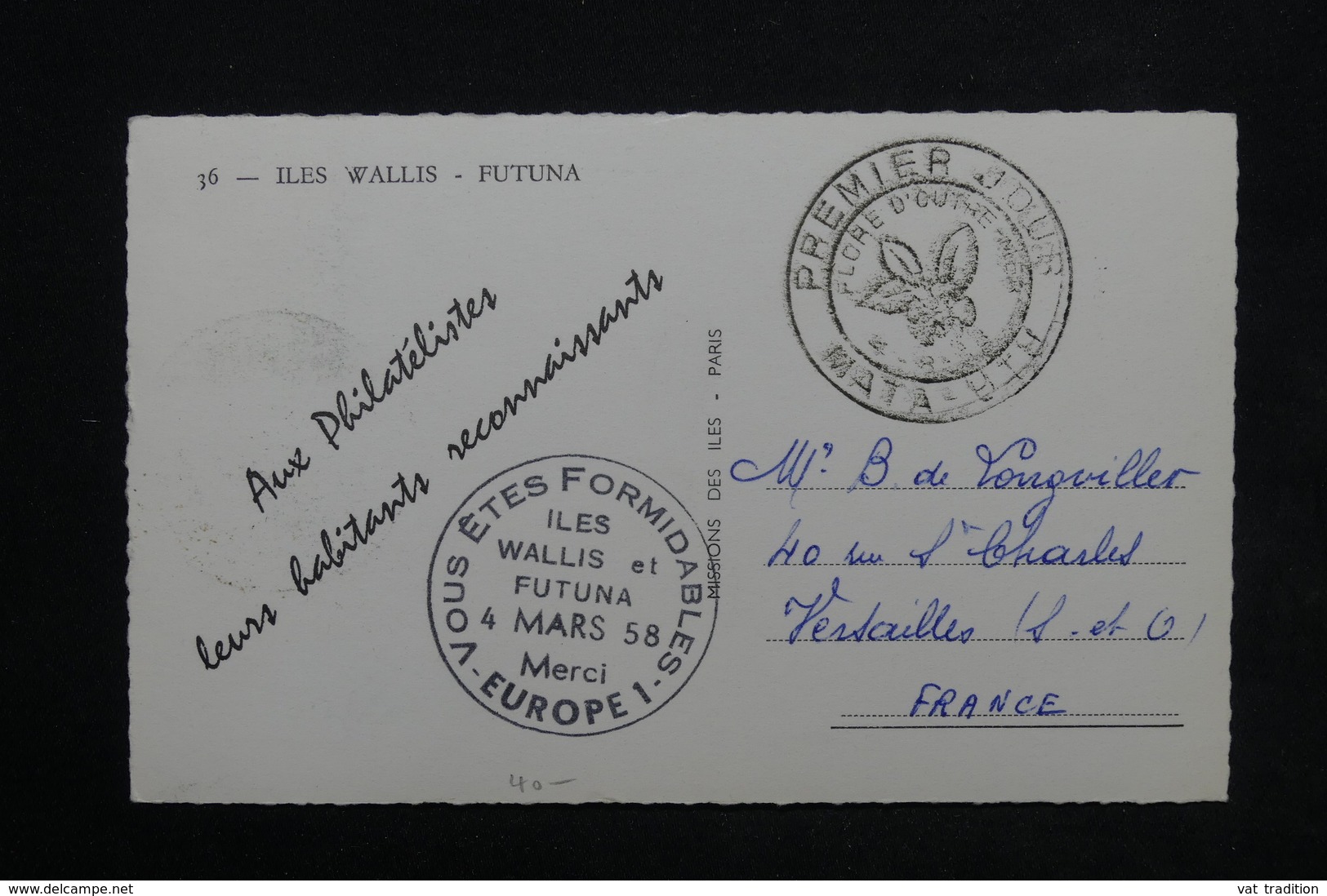 WALLIS ET FUTUNA - Oblitération 1er Jour De La Flore D 'Outremer Sur CP En 1958 , Cachet Europe 1 Au Verso - L 23814 - Brieven En Documenten