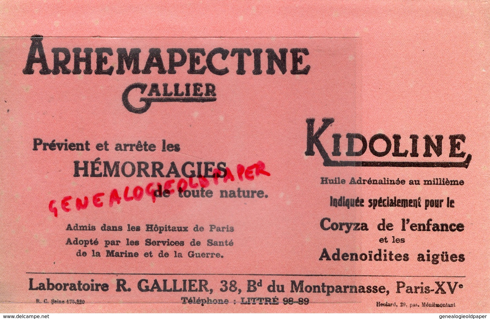 75- PARIS- RARE BUVARD LABORATOIRE R. GALLIER-38 BD MONTPARNASSE-ARHEMAPECTINE-KIDOLINE CORYZA-PHARMACIE - Drogerie & Apotheke