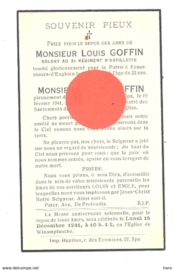 Faire-part De Décès De Mr Louis GOFFIN, Soldat 3e Rgt Artillerie SPA 1918 / ECAUSSINNES-ENGHIEN 1940 Guerre  (b248) - Décès