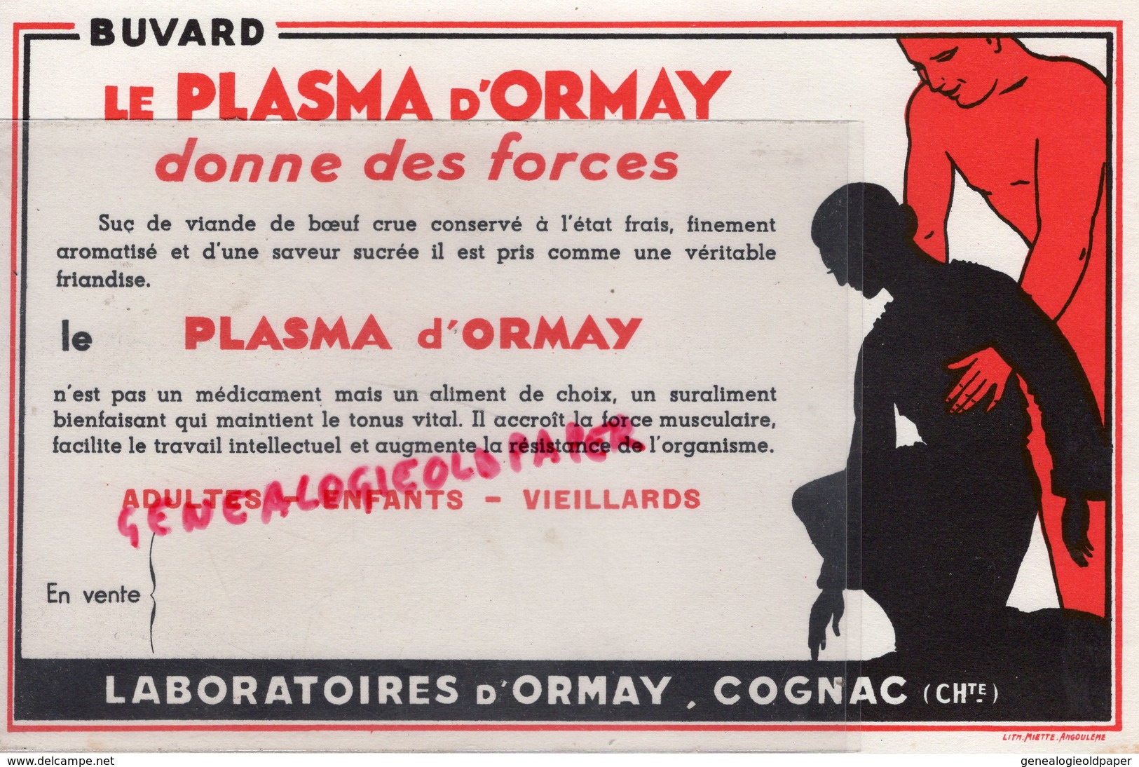 16- COGNAC - BUVARD LABORATOIRES D' ORMAY- PLASMA - CHARENTE -LITHOGRAPHIE MIETTE ANGOULEME - Drogisterij En Apotheek