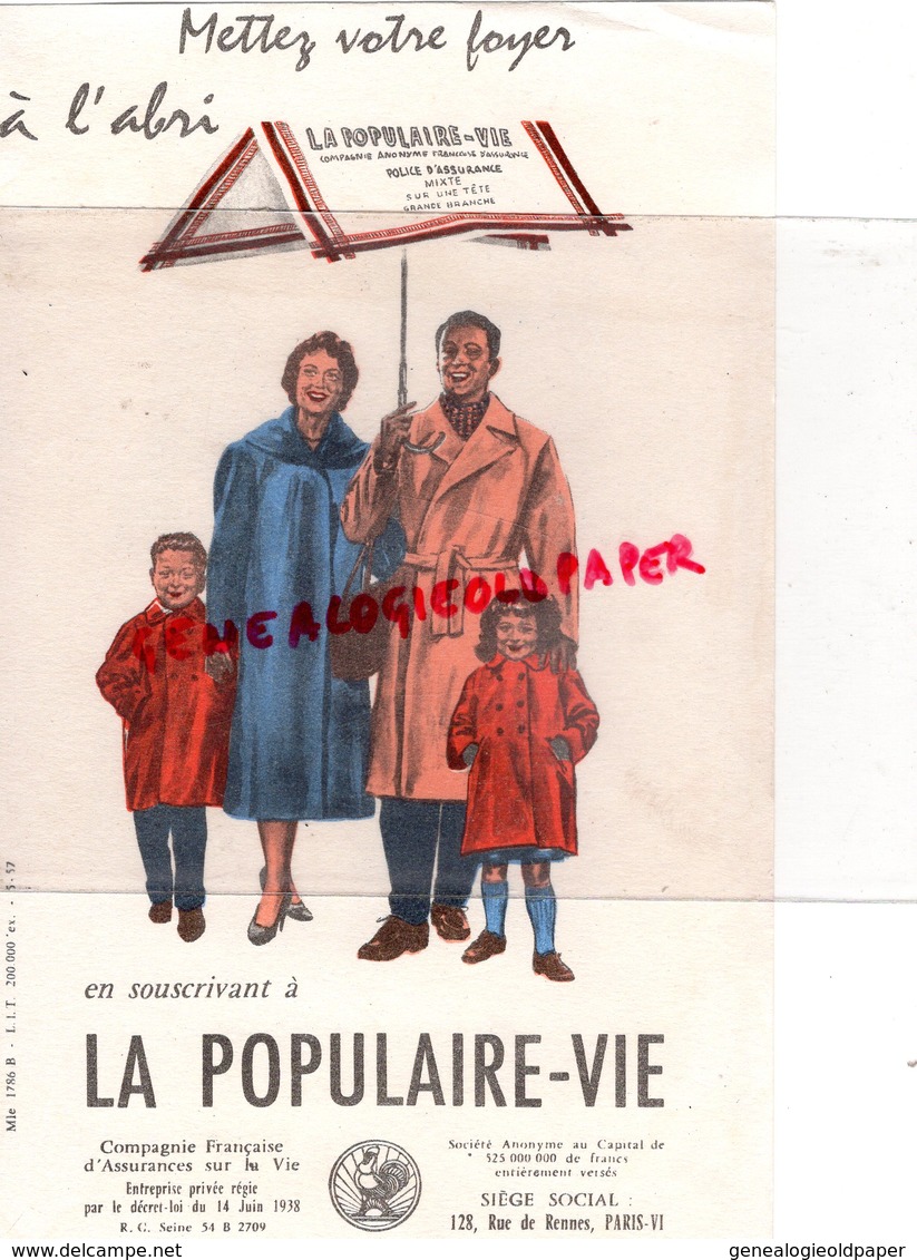 75- PARIS- BUVARD LA POPULAIRE VIE- ASSURANCE ASSURANCES- FAMILLE- PARAPLUIE-128 RUE DE RENNES - Bank & Versicherung