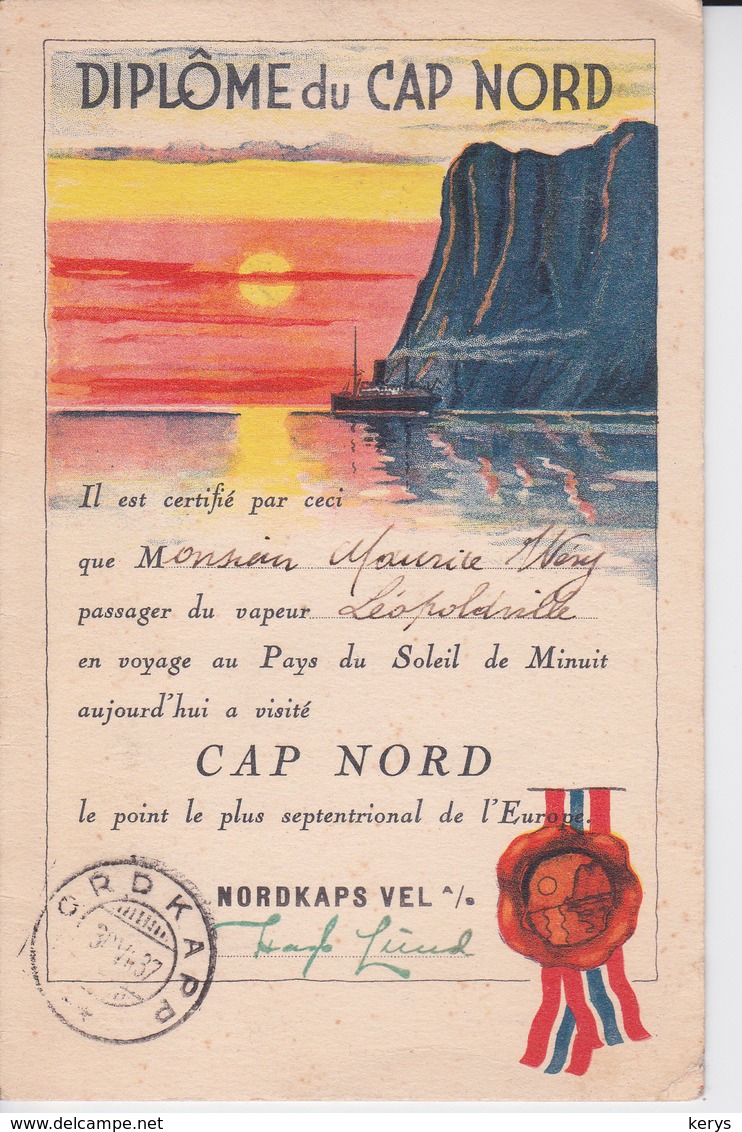 Diplôme Du Cap Nord Avec 2 Tp De Norge ( 30-7-37 ) , Passager Sur Le Vapeur " Léopoldville " - Passagiersschepen