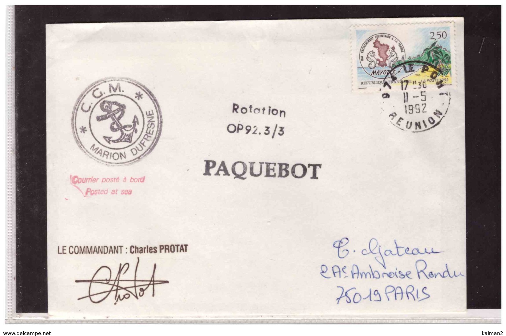 TEM8540   -   PAQUEBOT   MARION DUFRESNE    -   11.5.1992    /   COURRIER  POSTE'  A'  BORD - Navi Polari E Rompighiaccio