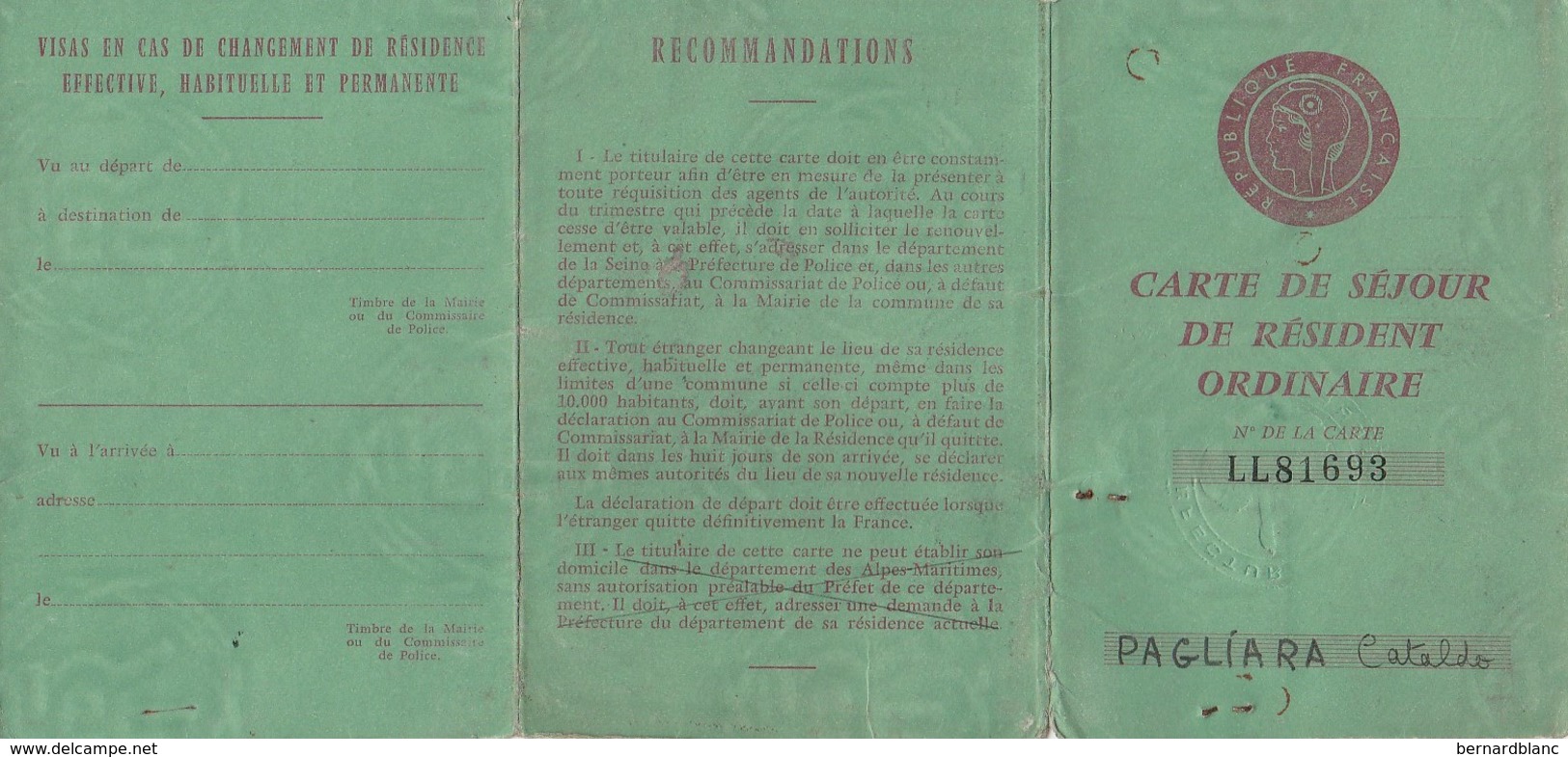 FISCAL - FISCAUX - CARTE DE SEJOUR DE RESIDENT ORDINAIRE - TARIF A 7,5 NF - Other & Unclassified