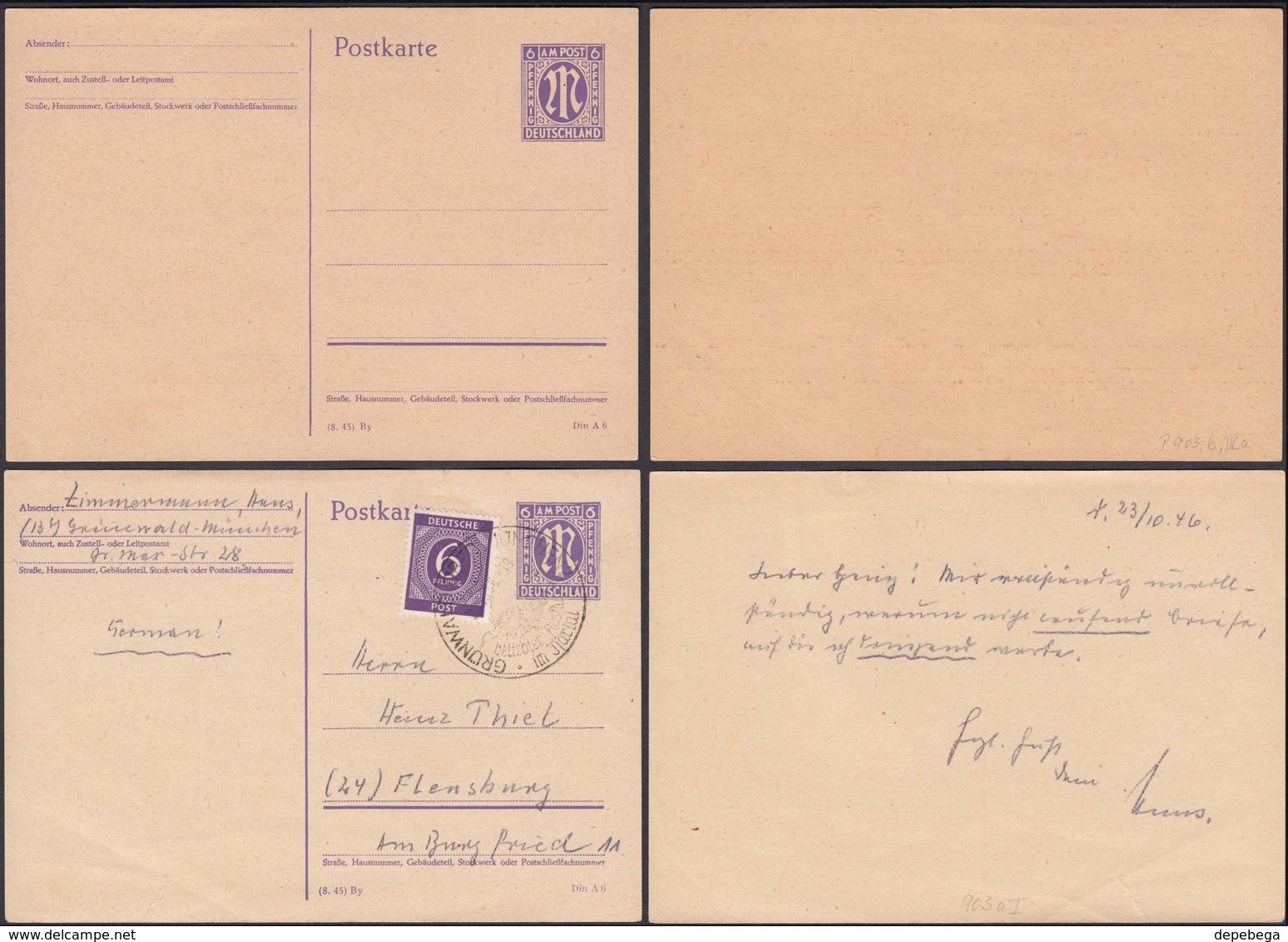 AM Zone, 6 Pf. Postal Stationery Card, Ganzsache MiNr. P 903b. SST. Grünwald München 1946. - Sonstige & Ohne Zuordnung