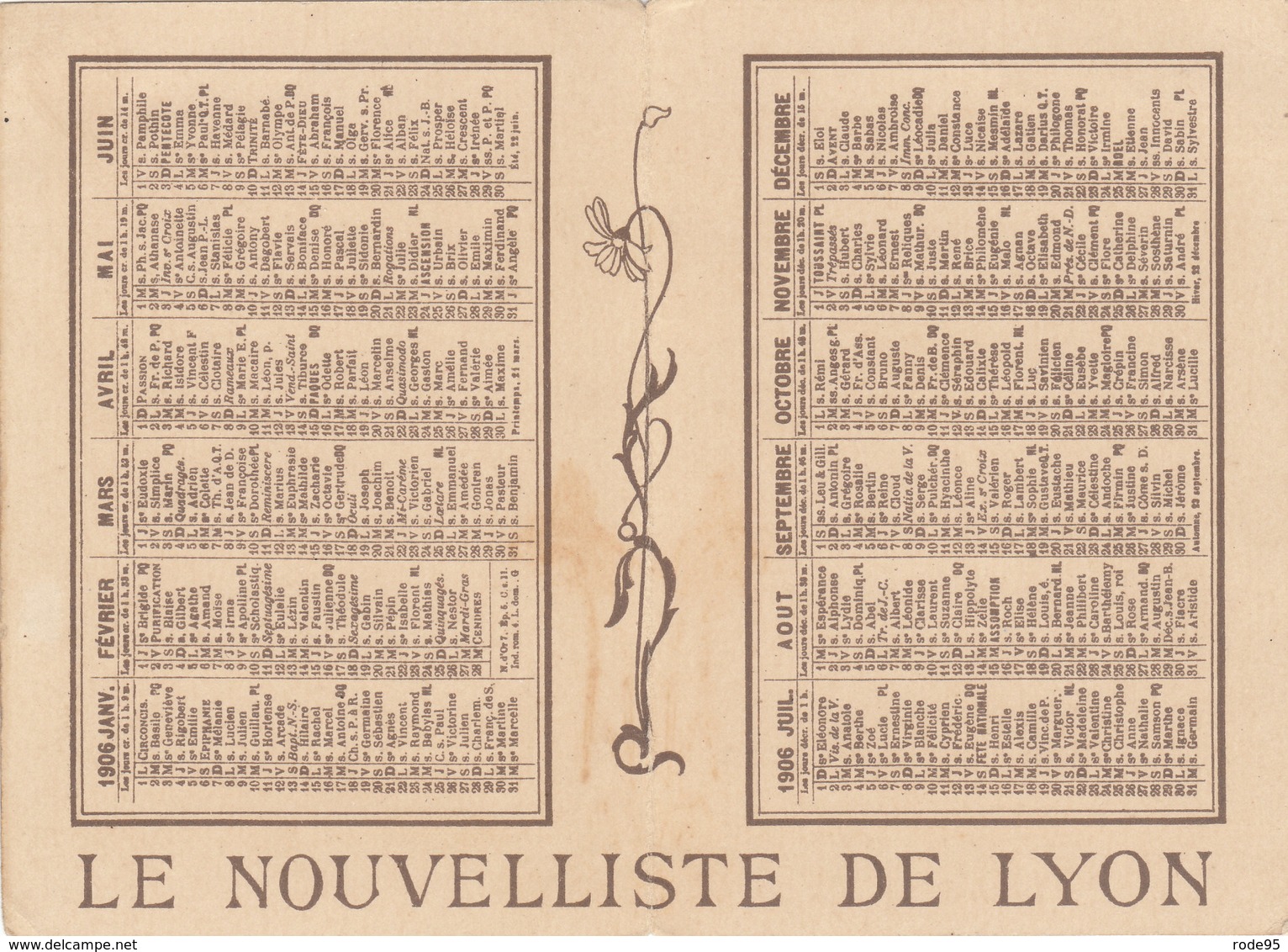 CALENDRIER 1906 LYON LE NOUVELLISTE DE LYON - Petit Format : 1901-20