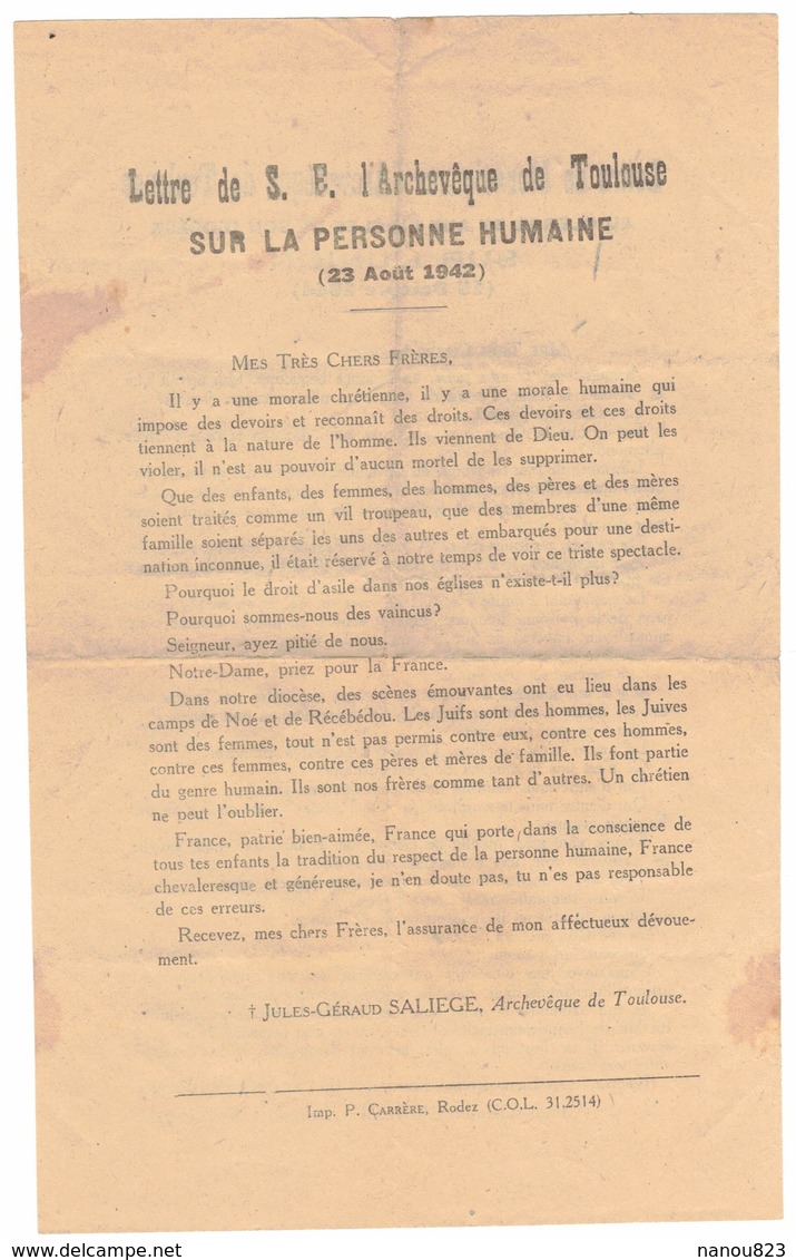 TOULOUSE HISTOIRE GUERRE 39/45 MILITARIA TRACT ARCHEVÊQUE DEFENSE JUIFS CAMPS De NOE Et RECEBEDON ANTISEMITISME GESTAPO - Documents Historiques