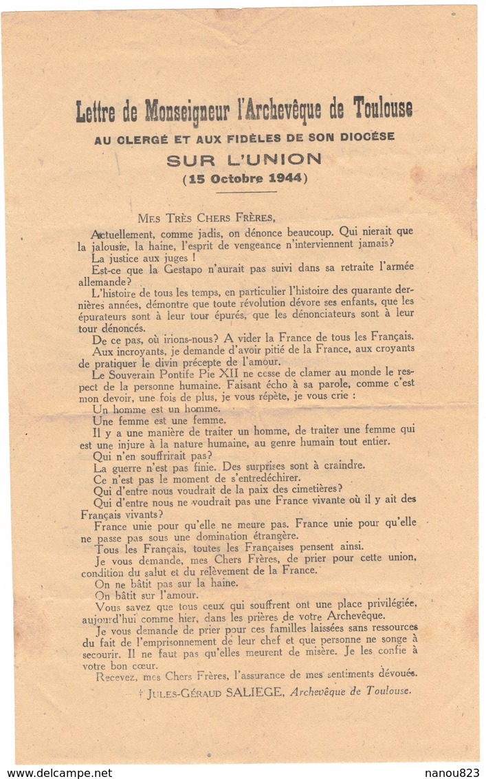 TOULOUSE HISTOIRE GUERRE 39/45 MILITARIA TRACT ARCHEVÊQUE DEFENSE JUIFS CAMPS De NOE Et RECEBEDON ANTISEMITISME GESTAPO - Documents Historiques