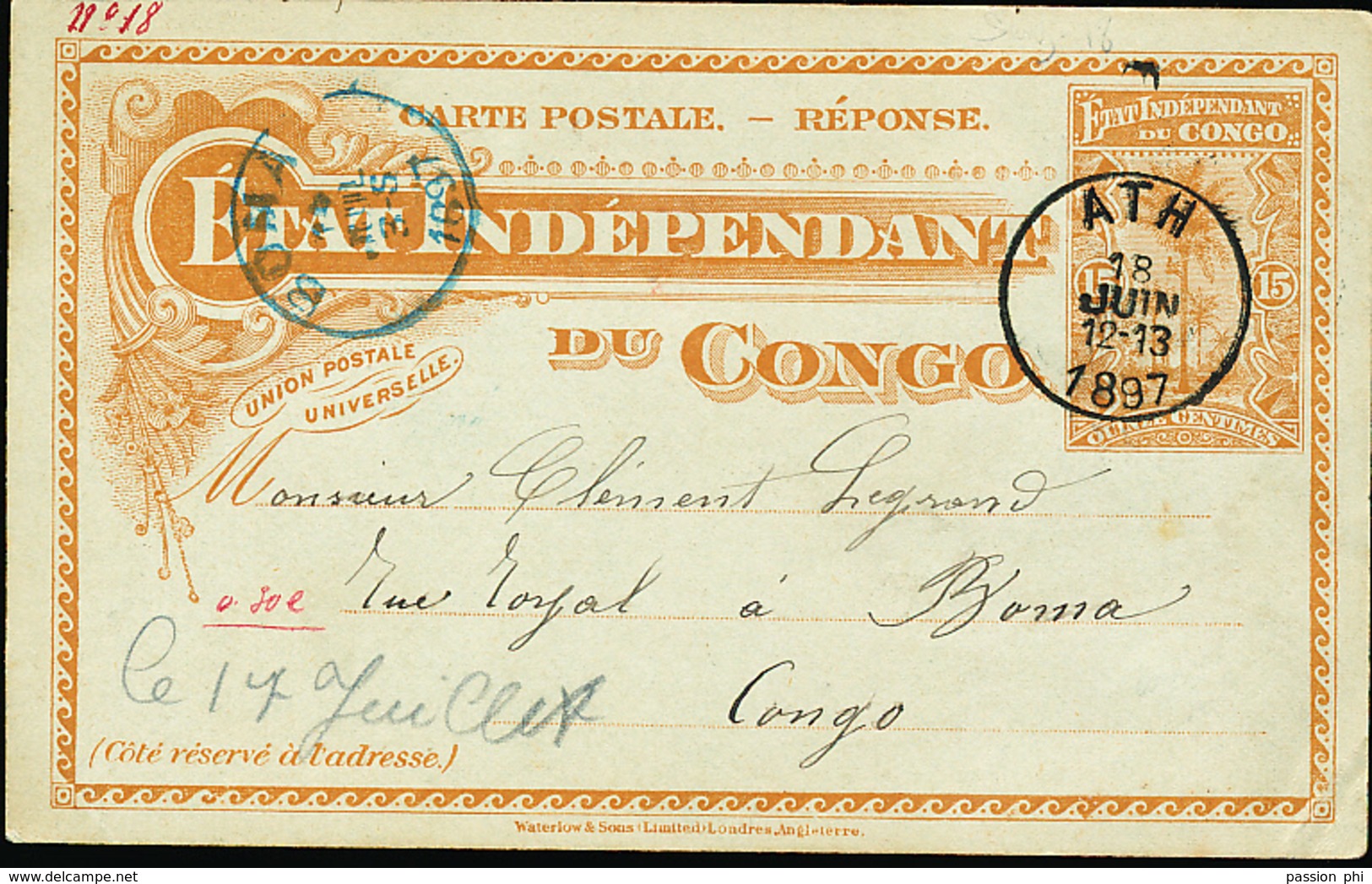 BELGIAN CONGO PS STIBBE 17a REPLY FROM ATH 18.06.1897 TO BOMA - Entiers Postaux