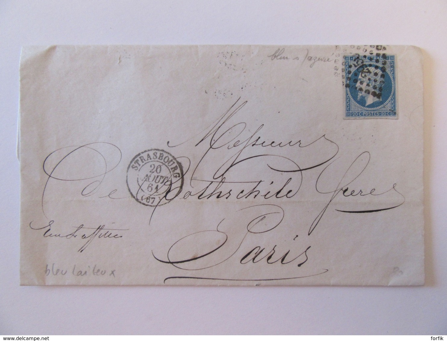 France - Famille De Rothschild Timbre Napoléon III 20c YT N°14A Sur Lettre - Strasbourg Vers Paris - PC 2950 - Août 1861 - 1849-1876: Classic Period