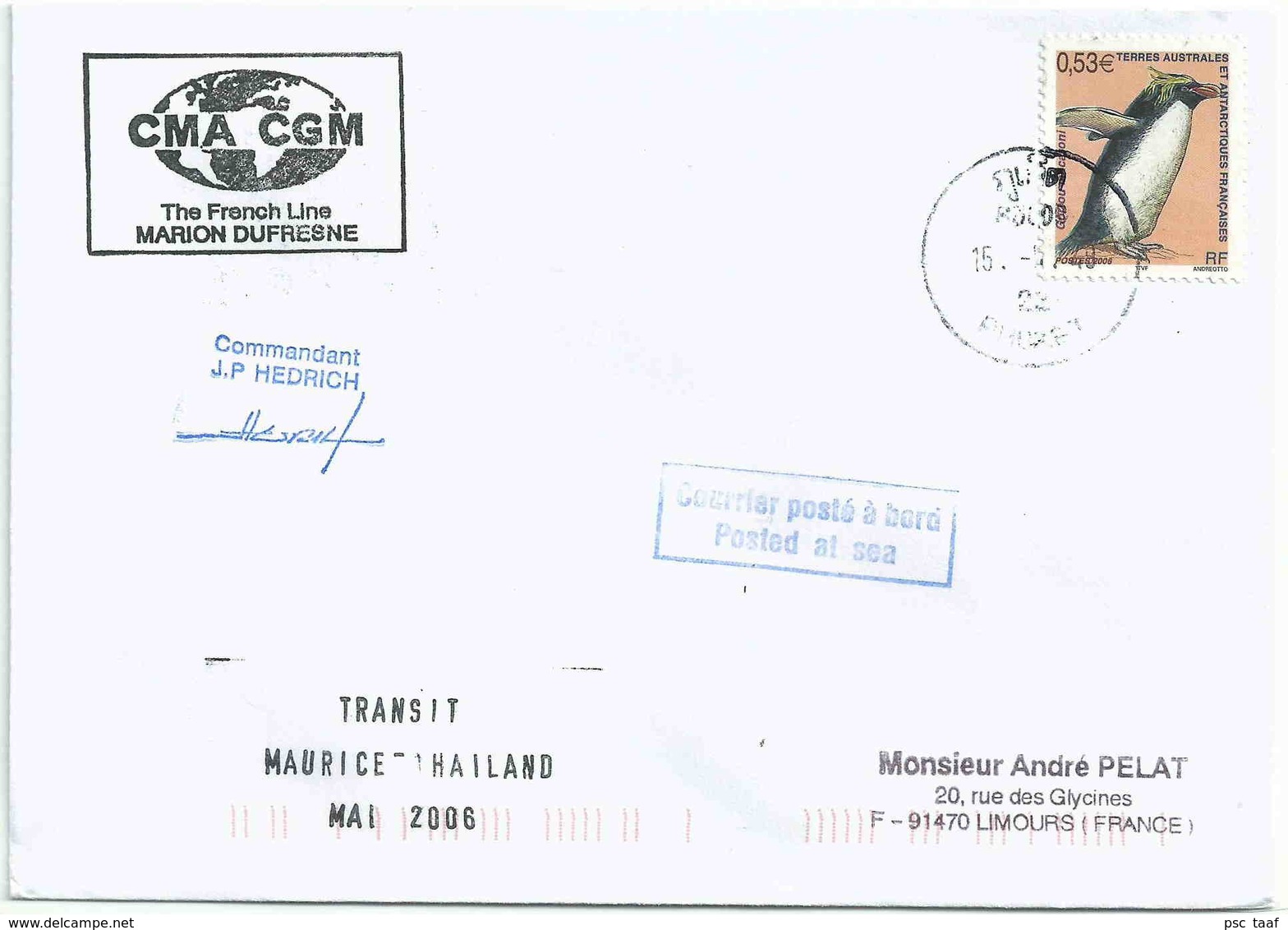 YT 449 - Manchot Macaroni - Lettre Posté Phuket - Thaïlande - Lettres & Documents