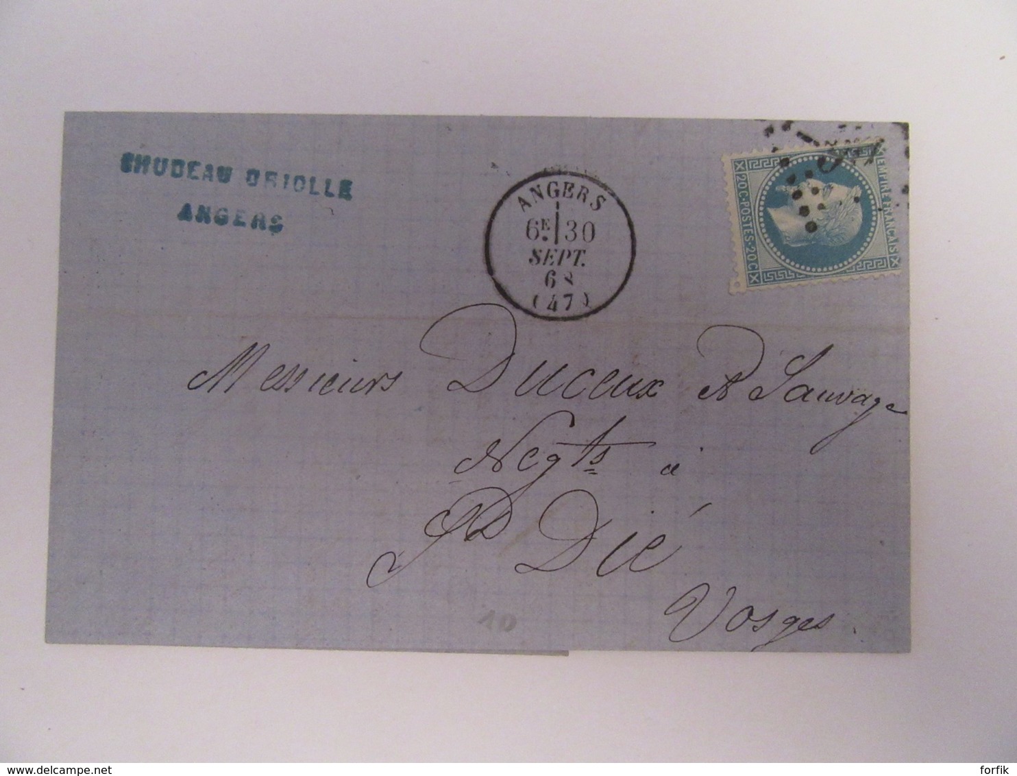 France - Timbre Napoléon III 20c YT N°29B Sur Lettre - Angers Vers St Dié - Ob. GC ?? - Septembre 1868 - 1849-1876: Période Classique