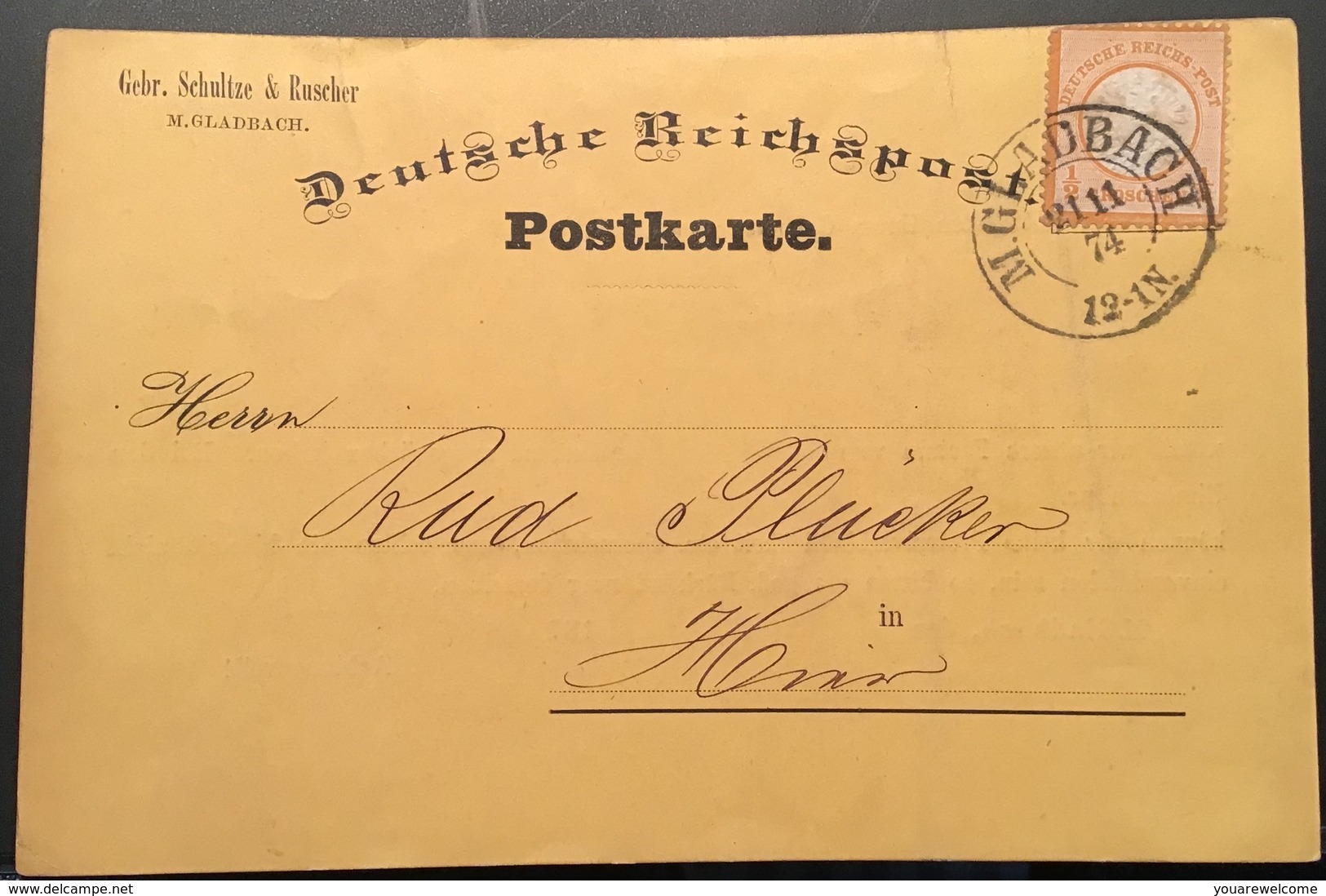 „MÖNCHEN-GLADBACH 1874“  Stpl (Rheinland Düsseldorf) Brustschild Privat-Postkarte (Brief Deutsches Reich - Briefe U. Dokumente