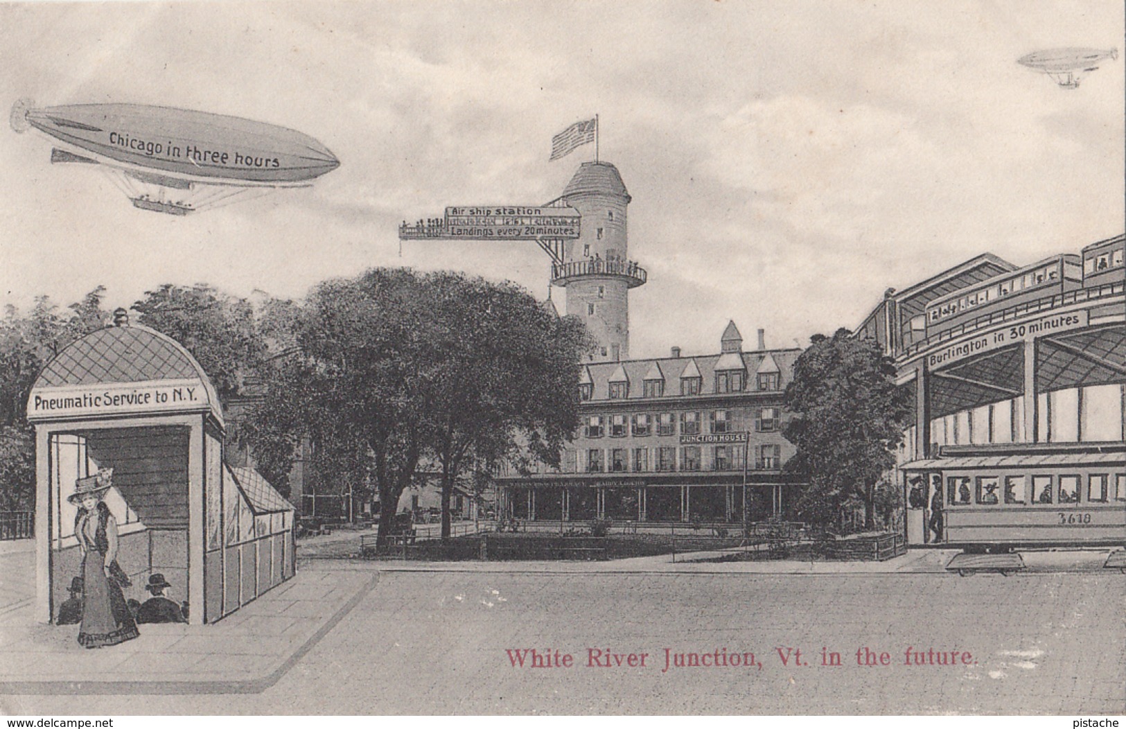 Vintage 1910 (?) - White River Junction Vermont VT In The Future - Airship - Dirigible Baloon Science Fiction - 2 Scans - Other & Unclassified